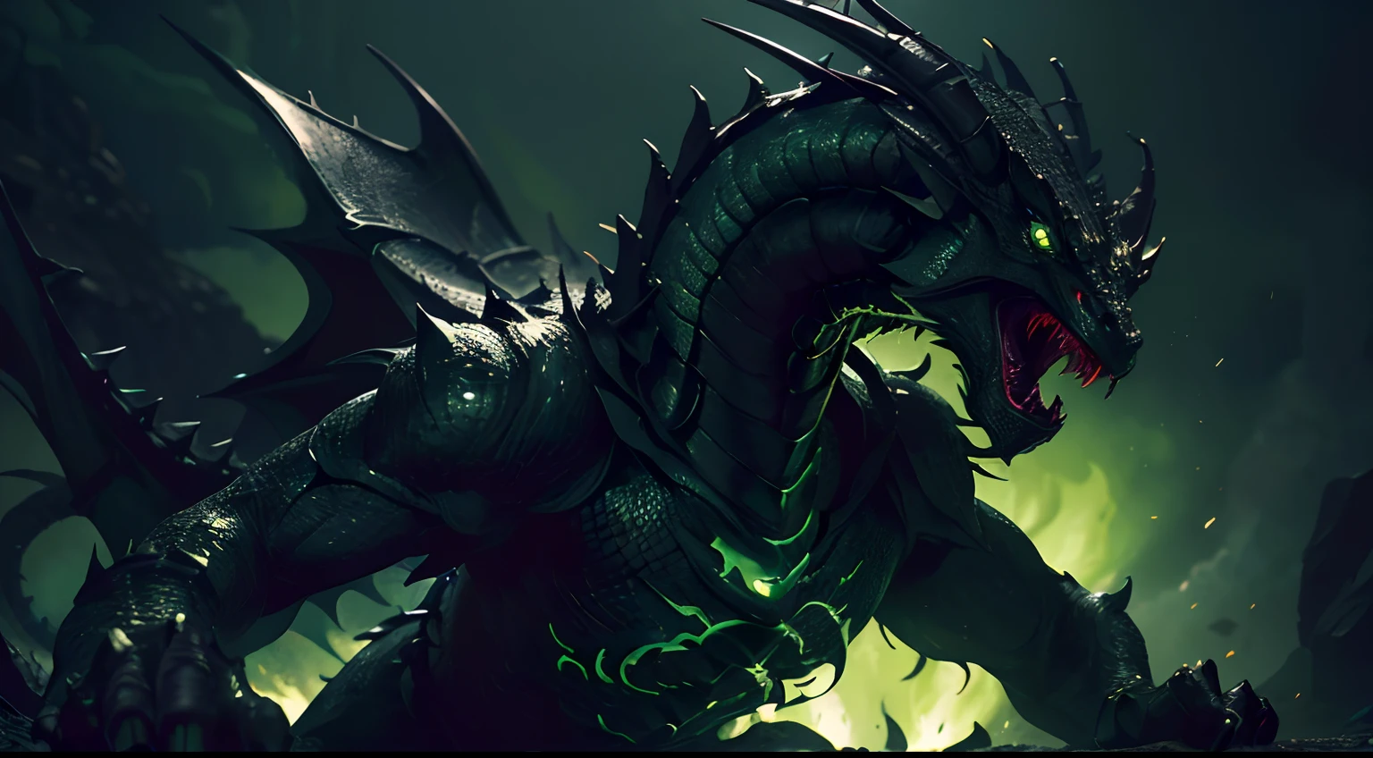 (black dragon,close-up dragon face,shadowy,glowing green eyes,dark theme),(best quality,ultra-detailed,realistic:1.37),(oil painting,high-res,detailed,sharp focus),sinister atmosphere,ferocious expression,menacing presence,mythical beast,monsterous creature,dark and mysterious ambiance
