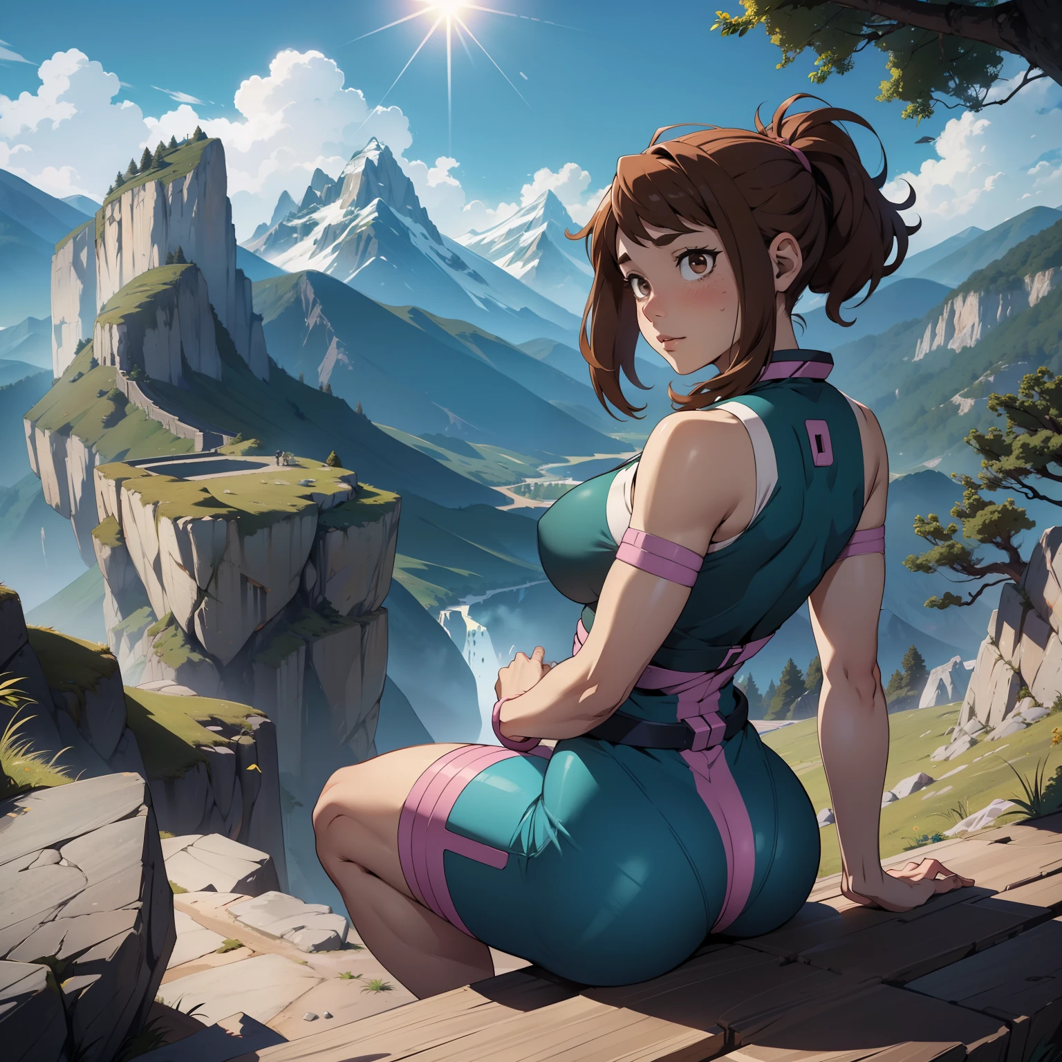 Hyper realistic super detailed sexy Ochaco Uraraka, Une, NSFW, Very detailed, expressions faciales sexy, seductive facial expressions, [:(Face detail: 1.4): 0.4], 16K resolution, 4k resolution, dinamic lighting, High definition resolution, (sexy pose, Position attrayante), (hyper realistic: 1.4), (back light: 1.2), (sun light: 1), (pleine hauteur: 1.8),(contrasting background: 1.5), (Anatomy of the hyperrealistic arm), (Hyperrealistic anatomy of the legs), (peau propre), (lighting cinematic: 1.7), (intime), (Technologie NVIDIA RTX Ray Tracing), (Anatomy of the hyperrealistic arm: 2), (Ventre plat parfait), (image couleur),Create a masterpiece in 4K resolution, ultra-realistic, and extremely detailed, featuring an enthusiastic Ochaco Uraraka with an attractive and voluptuous physique hiking in the mountains. Ochaco Uraraka is the central character in the artwork, exuding a blend of adventure, determination, and natural beauty as she explores the majestic peaks.

Ochaco Uraraka possesses an alluring and voluptuous silhouette, accentuating her femininity and self-assuredness. She is dressed appropriately for mountain hiking, wearing functional gear that subtly highlights her curves. Her attire reflects her passion for nature while maintaining a seductive style.

The mountainous environment remains grand, with steep peaks, lush valleys, and winding trails. The sunlight beautifully illuminates the landscape, creating striking interplays of light and shadow on the rugged terrain. The surrounding nature is rich in detail, with trees, rocks, and perhaps even wild animals.

Ochaco Uraraka seamlessly interacts with the mountains. She might be climbing towards a summit, crossing a rope bridge over a gorge, or simply pausing to take in the breathtaking view. Her expression is one of determination, wonder at the majesty of nature, and self-confidence
