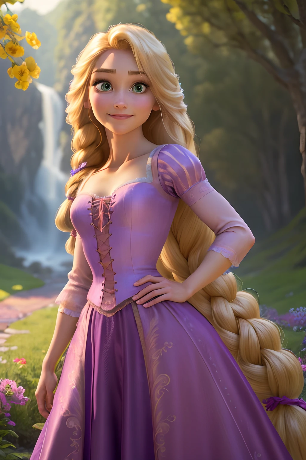 rapunzel, 1girl, solo, long hair, looking at viewer, smile, blonde hair, dress, very long hair, green eyes, hand on hip, purple dress, hair braid, flower hair braid, (masterpiece:1.2), (best quality), (ultra detailed), (8k, 4k, intricate),(full-body-shot:1), (highly detailed:1.2),(detailed face:1.2),(detailed background),detailed landscape, (dynamic angle:1.2), (dynamic pose:1.2),