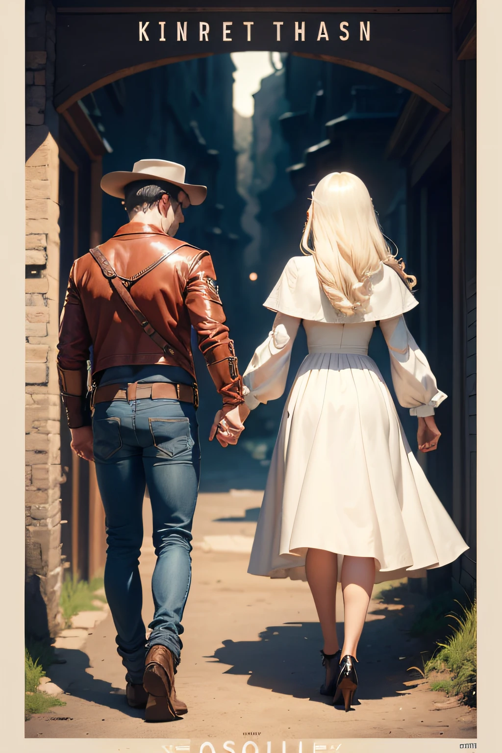 Close-up of poster of two people shaking hands, official fanart, Boy in western denim costume leads girl in white long-sleeved dress,The boy looked up,The boy turned his back to him,The girl looked back, Official poster, film promotional image, key art, fantasy movie still, affable , Dusk Double Darts Movie Propaganda Art, 4k post, 4 k post