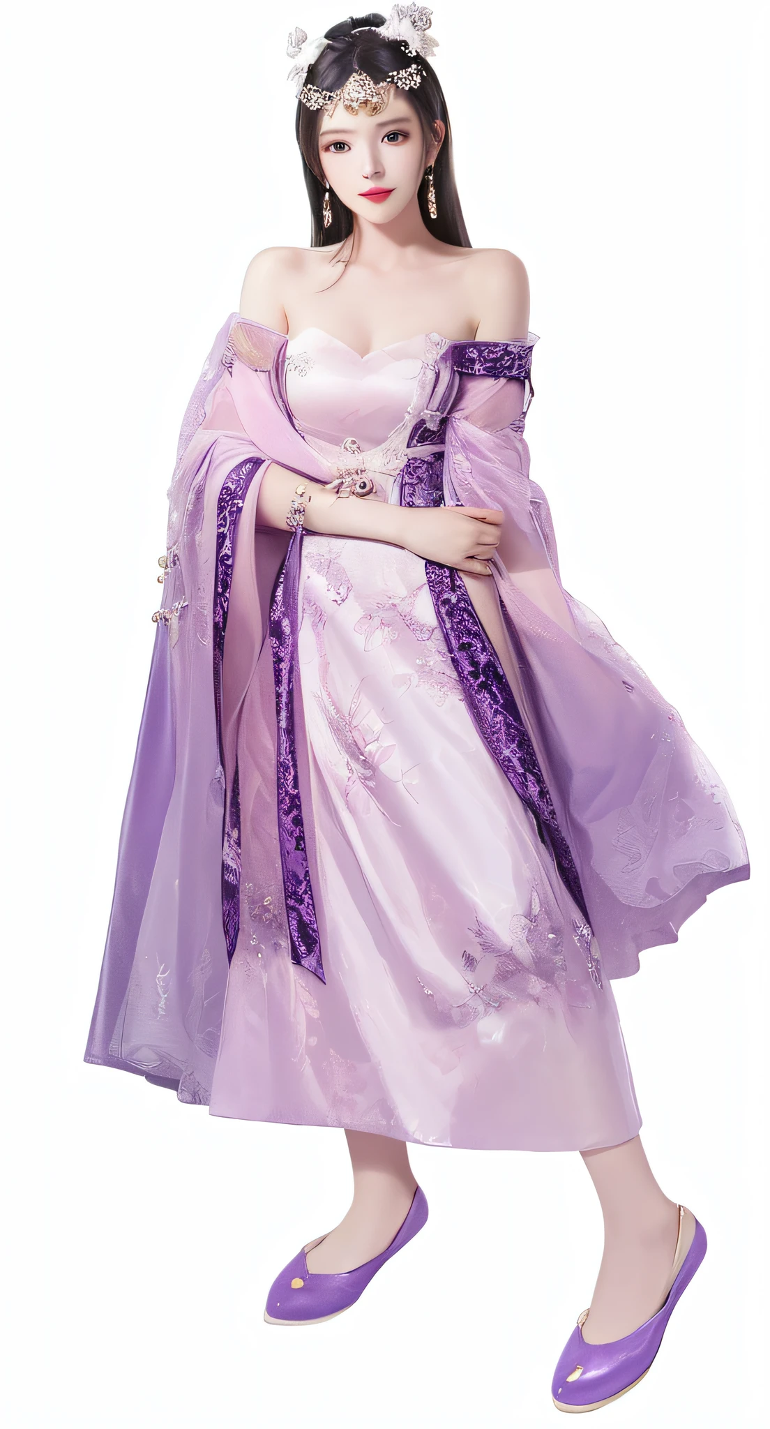 A woman in a purple dress and purple shoes poses for a photo, Palace , A girl in Hanfu, garbed in a purple gown, Princesa chinesa antiga, full-body xianxia, Purple robe and veil, render of mirabel madrigal, ancient asian dynasty princess, Inspired by Lan Ying, Wearing a luxurious silk cloak, Beautiful rendering of the Tang Dynasty