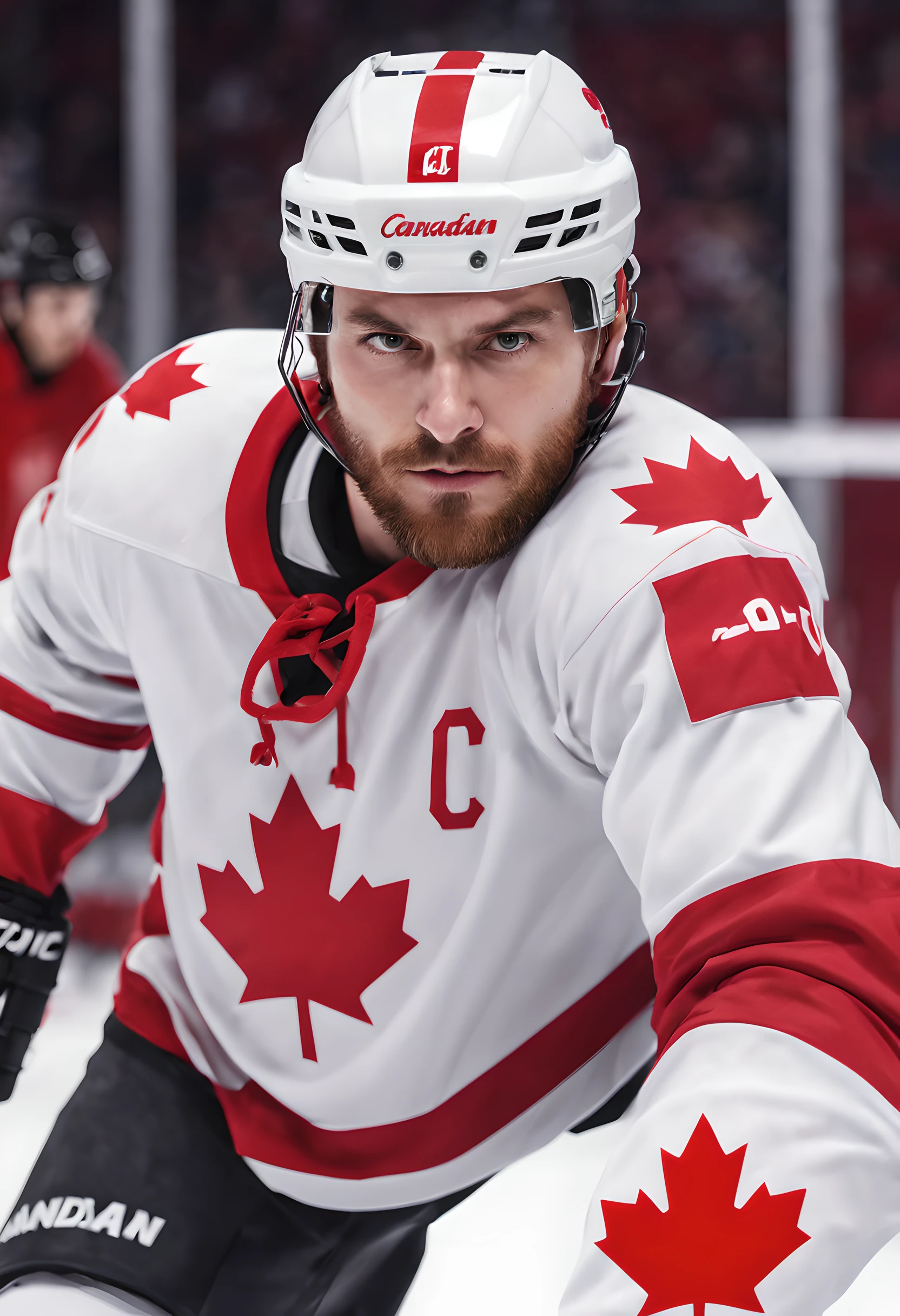 Canadian ice hockey players、Maple mark in the center of the uniform、White uniform with red maple mark、Ice Hockey Games、Assault scene、Denamic Pose, Dynamic Angle, 1man, Solo,