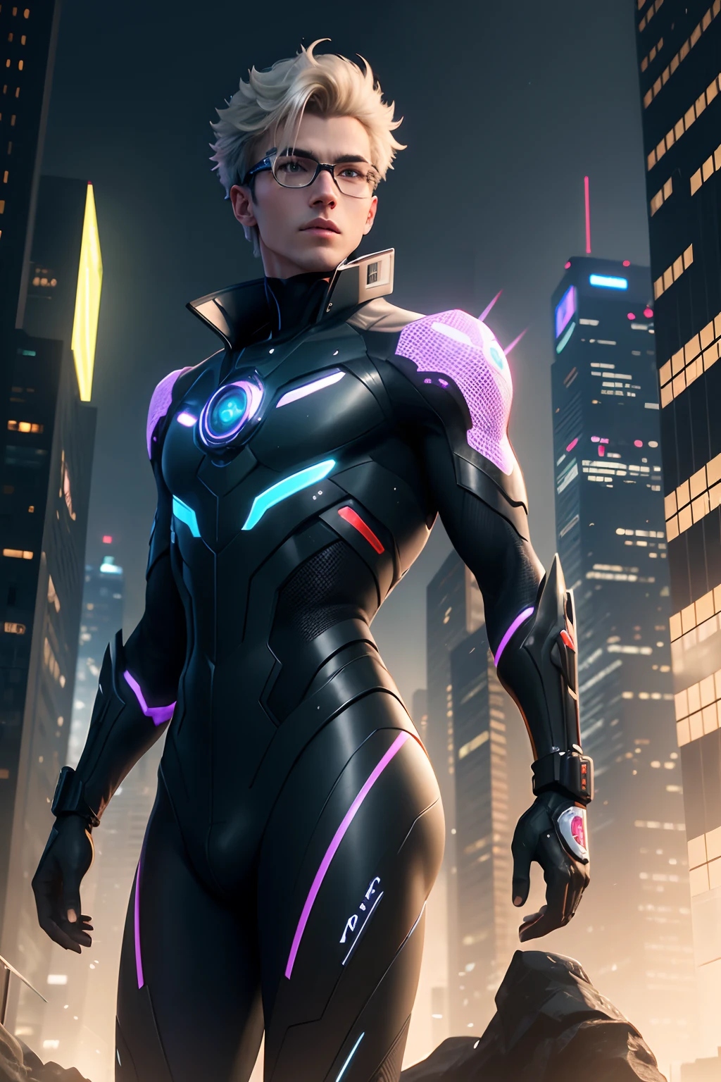 Futuristic male salesman business style and、Based on the image of walking in a futuristic cityscape、Define the following parameters:、Combine it to draw a concrete image。

- **shape (shape)**: Slim Fit, streamline, modular
- **Color (Color)**: neutral, metalic, holographic
- **Textured (Texture)**: smoother, The sheen, transparent
- **Element placement (arrangement)**: symmetry, integration, flow
- **Writing (Lighting)**: neons, Reflectors, atmosphere
- **Background with (Background)**: highrise buildings, Digital Advertising, Floating Vehicle
- **constitute (Composition)**: vertical, layer, kinetic
- **time zone (Time of day)**: early evening, Neon light, Day no
- **Emotions and atmosphere (emotive/ambiance)**: refinement, High energy, futuristic
- **Types of objects (Types of objects)**: Smart Suit, Would be glass, Holographic devices
- **Scale (Scale)**: The human, architectural, technology
- **motion (motion)**: Walk, hovering, streaming
- **styles (Style)**: moderno, tech, Sprinkle
- **Focus of the gaze (focal)**: salesman, Holographic interface, high-rise
- **filters (Filter)**: cyberpunked, cool tones, glow filter[Gurofu
- **Camera Perspective (Camera Perspective)**: Third-person perspective, Down Down Angle, Dynamic Angle
- **Patterns and patterns (Pattern)**: Geometric, digital, holographic
- **Facial expressions and poses (expression/Pose)**: self-assured, do, employ
- **accent (accent)**: neons, metalic, holographic
- **Physical properties (Physical properties)**: Reflective, floating, interactive
- **Movie genres (Movie genres)**: cyberpunked, Futuristic, action
- **architecture (architecture)**: Futuristic, senior, rationalization
- **season (season)**: springtime, A new beginning, bright
- **Contract degree (Contrasty)**: highcontrast, bright colour, Dark background
- **Visual Focus (Visual Focus)**: Male salesman, smart technology, The skyline of the future
- **Elements of technology (Technical elements)**: olis, golds, hologram
- **interaction (intera