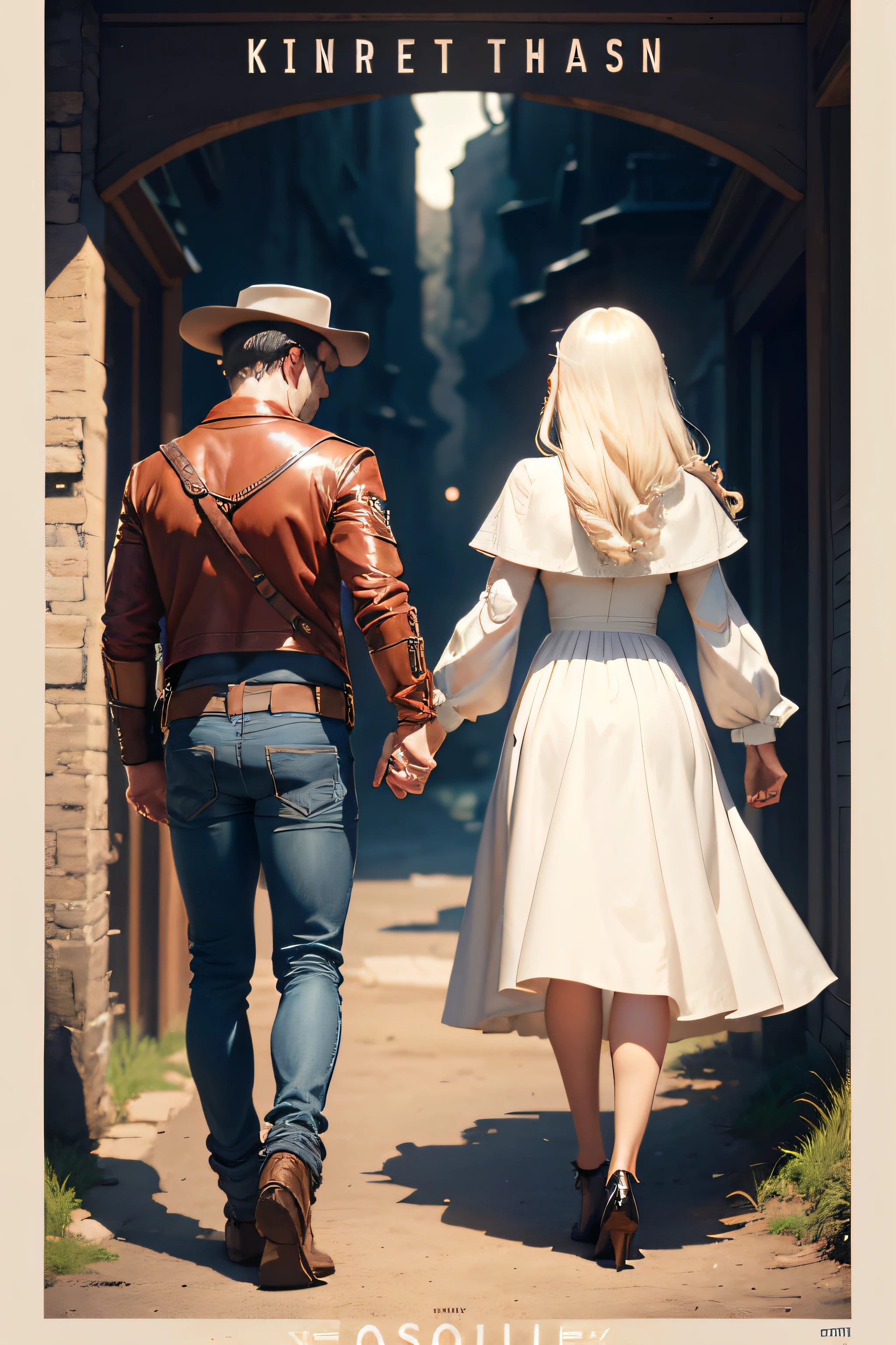 Close-up of poster of two people shaking hands, official fanart, Boy in western denim costume leads girl in white long-sleeved dress，The boy looked up，The boy turned his back to him，The girl looked back， Official poster, film promotional image, key art, fantasy movie still, affable ， Dusk Double Darts Movie Propaganda Art, 4k post, 4 k post