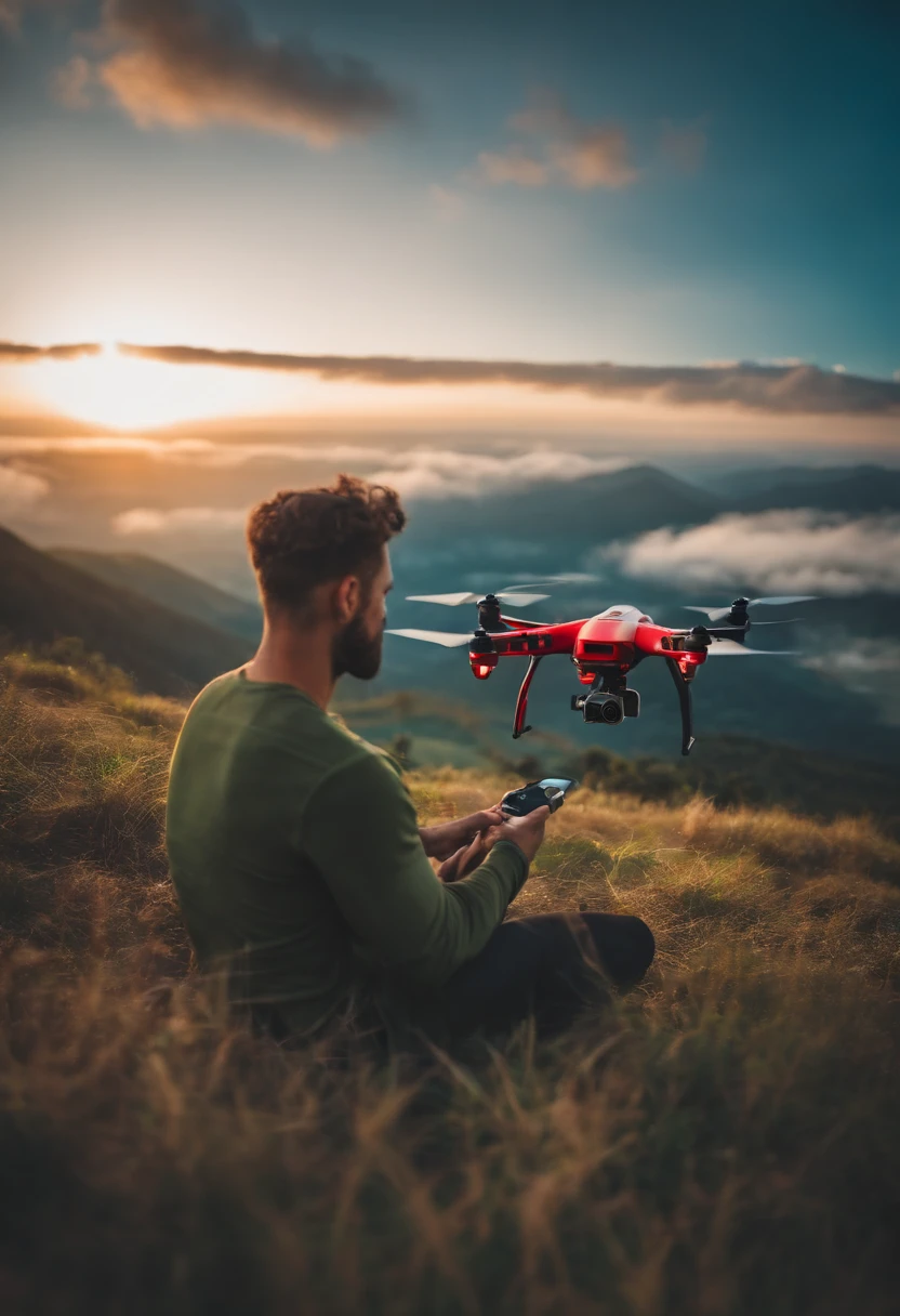 Young man sitting in hand with drone，UAVs