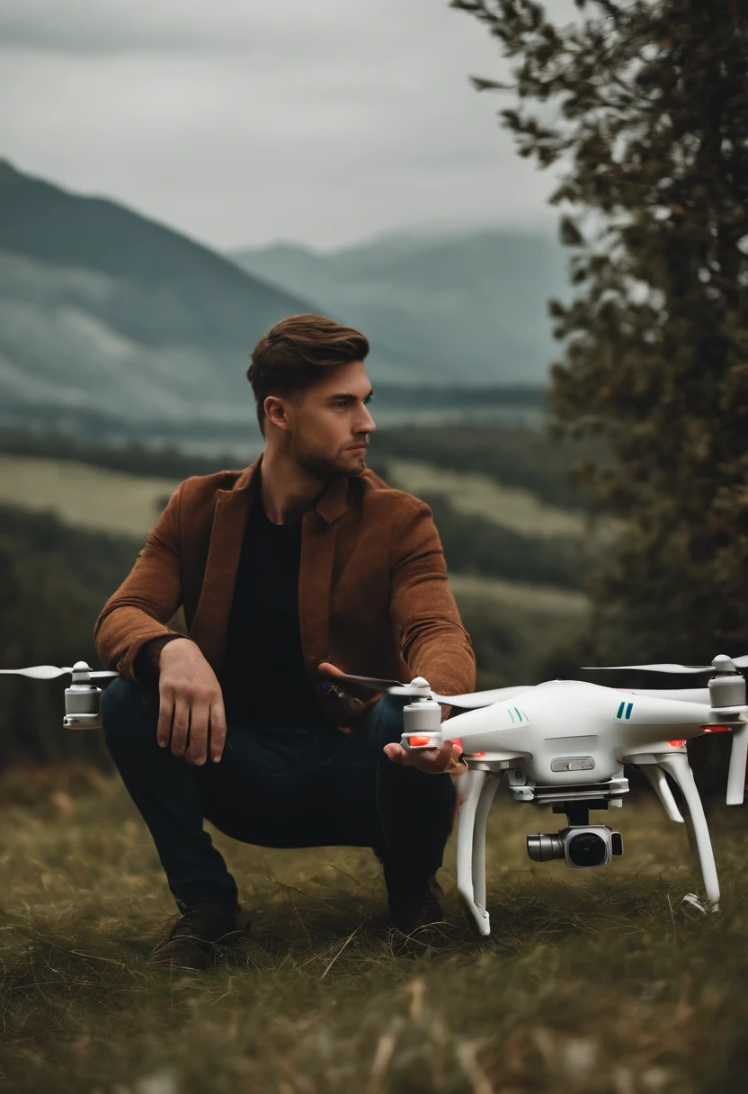 Young man sitting in hand with drone，UAVs