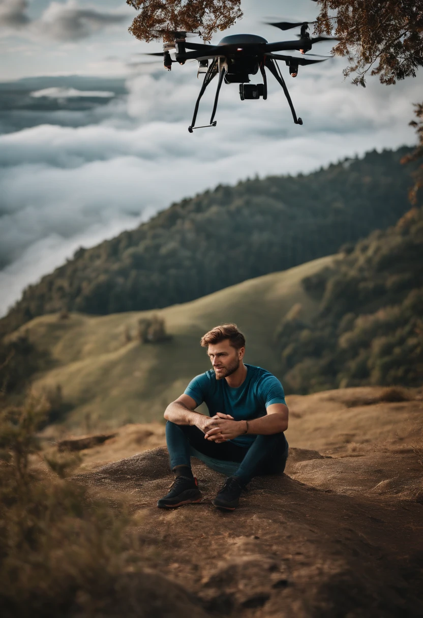 Young man sitting in hand with drone,UAVs