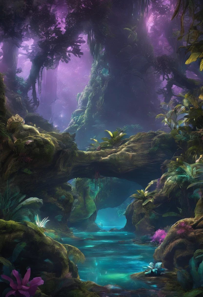 (2 lovely Na'vi kids, Tucker and Keeley, Have fun in the forests of the planet Pandora) (Tucker and Keeley: 1.5), (The tree of the soul of the Na'vi: 1.0), Na'vi premises. (Majestic, Tall buildings), Spotted creek beast，（cinematic ligh《Avatar》The fictional creature in the Alpine Spotted Creek Beast） lush alien landscape,glowing purple, Inside the alien jungle, rich diverse lush alien world, bioluminescent cyber - garden, alien forest in background, avatar landscape, Alien Paradise, concept art magical highlight, concept art stunning atmosphere, Strange alien forest lepidoptera,Na'vi:Toruk,scientific name:Gavilandora Maxima，Enigmatic Atmosphere, exotic plants, Majestic, magical concept art,