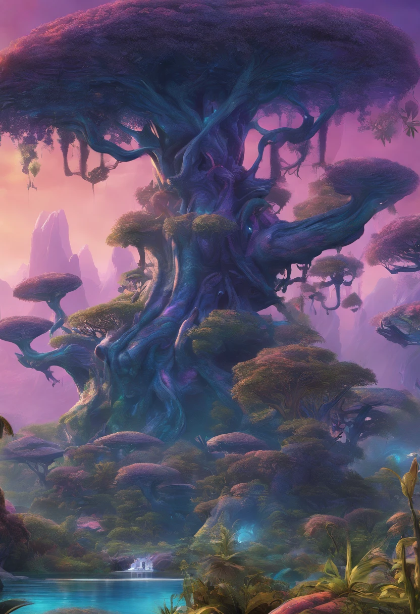 (2 lovely Na'vi kids, Tucker and Keeley, Have fun in the forests of the planet Pandora) (Tucker and Keeley: 1.5), (The tree of the soul of the Na'vi: 1.0), Na'vi premises. (Majestic, Tall buildings), Spotted creek beast,(cinematic ligh《Avatar》The fictional creature in the Alpine Spotted Creek Beast) lush alien landscape,glowing purple, Inside the alien jungle, rich diverse lush alien world, bioluminescent cyber - garden, alien forest in background, avatar landscape, Alien Paradise, concept art magical highlight, concept art stunning atmosphere, Strange alien forest lepidoptera,Na'vi:Toruk,scientific name:Gavilandora Maxima,Enigmatic Atmosphere, exotic plants, Majestic, magical concept art,