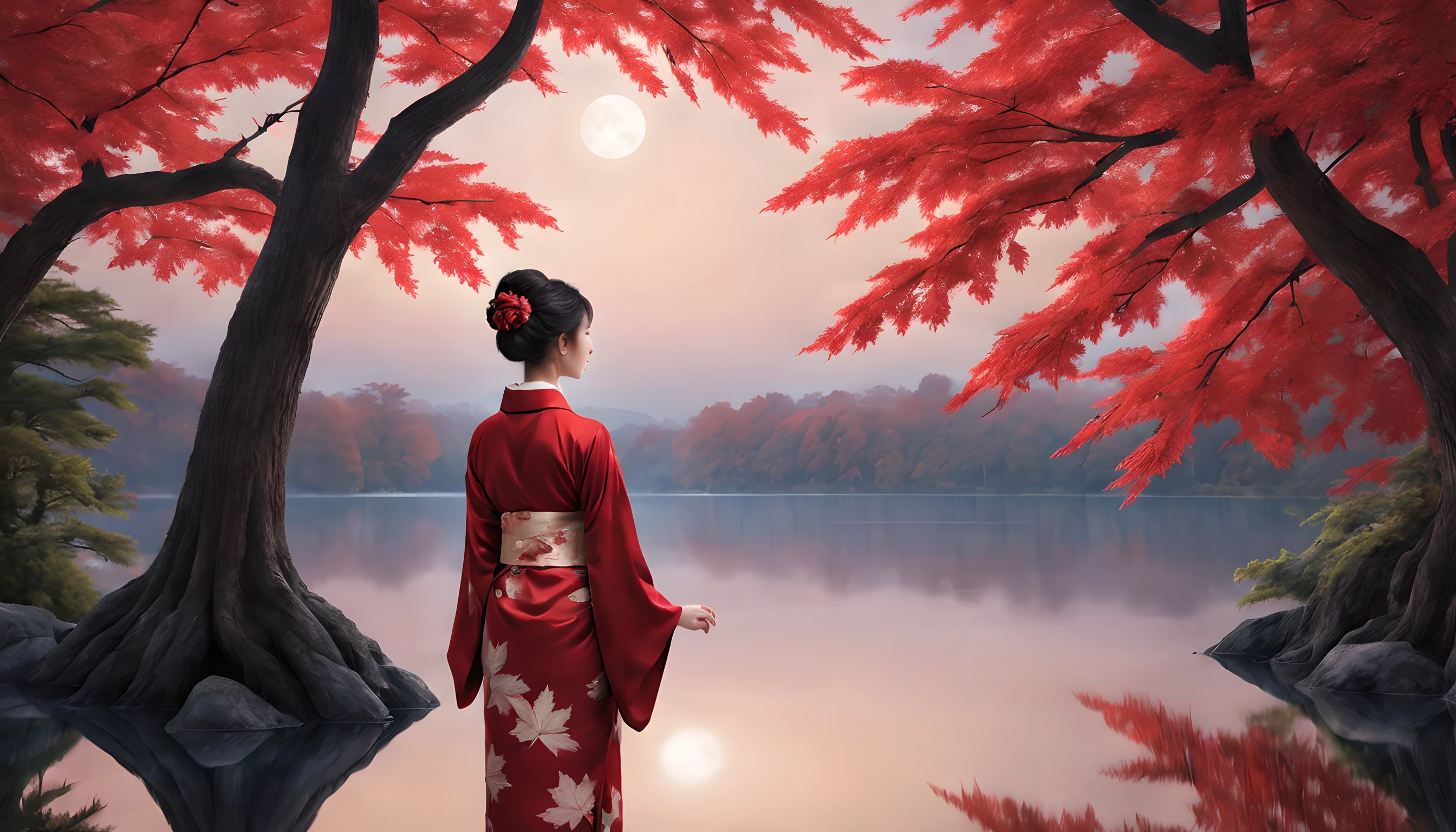 "Compose a captivating nocturnal scene featuring a tranquil pond enveloped by the fiery hues of maple leaf autumn foliage. The composition should emphasize the prominence of the maple leaves and the majestic maple tree that stands nearby.
In the foreground, a Japanese woman in her 40s stands gracefully, draped in a vibrant red kimono. The kimono accentuates her elegance, and her beauty radiates beneath the moonlight. She is a vision of timeless allure, capturing the essence of the season.
The woman gazes upon the shimmering pond, where the reflection of the maple leaves dances upon the water's surface. Her expression is one of serene contemplation, as she immerses herself in the tranquil beauty of the night.
The background showcases the magnificent maple tree, its branches adorned with resplendent leaves that seem to catch the moonlight. The pond reflects the ethereal scene, adding to the enchantment of the moment.
The overall composition should create a sense of serenity and reverence for nature's beauty. Ensure that the woman's captivating beauty and the brilliance of the maple leaves take center stage in this mesmerizing autumn tableau."