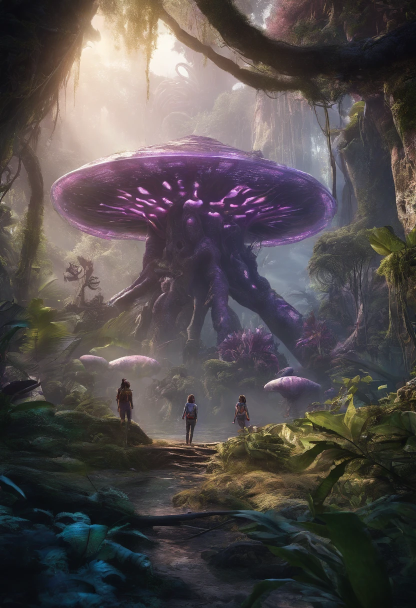 (2 lovely Na'vi kids, Tucker and Keeley, Have fun in the forests of the planet Pandora) (Tucker and Keeley: 1.5), (The tree of the soul of the Na'vi: 1.0), Na'vi premises. (Majestic, Tall buildings), Spotted creek beast，（cinematic ligh《Avatar》《Alpine spotted creek beast》fictional creatures in ） lush alien landscape,glowing purple, Inside the alien jungle, rich diverse lush alien world, bioluminescent cyber - garden, alien forest in background, avatar landscape, Alien Paradise, concept art magical highlight, concept art stunning atmosphere, Strange alien forest lepidoptera,Na'vi:Toruk,scientific name:Gavilandora Maxima，Enigmatic Atmosphere, exotic plants, Majestic, magical concept art,