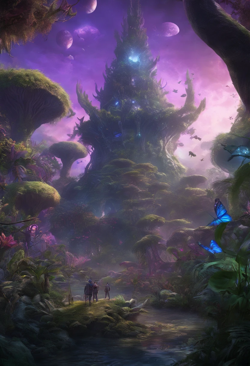 (2 lovely Na'vi kids, Tucker and Keeley, Have fun in the forests of the planet Pandora) (Tucker and Keeley: 1.5), (The tree of the soul of the Na'vi: 1.0), Na'vi premises. (Majestic, Tall buildings), Spotted creek beast,(cinematic ligh《Avatar》《Alpine spotted creek beast》fictional creatures in ) lush alien landscape,glowing purple, Inside the alien jungle, rich diverse lush alien world, bioluminescent cyber - garden, alien forest in background, avatar landscape, Alien Paradise, concept art magical highlight, concept art stunning atmosphere, Strange alien forest lepidoptera,Na'vi:Toruk,scientific name:Gavilandora Maxima,Enigmatic Atmosphere, exotic plants, Majestic, magical concept art,