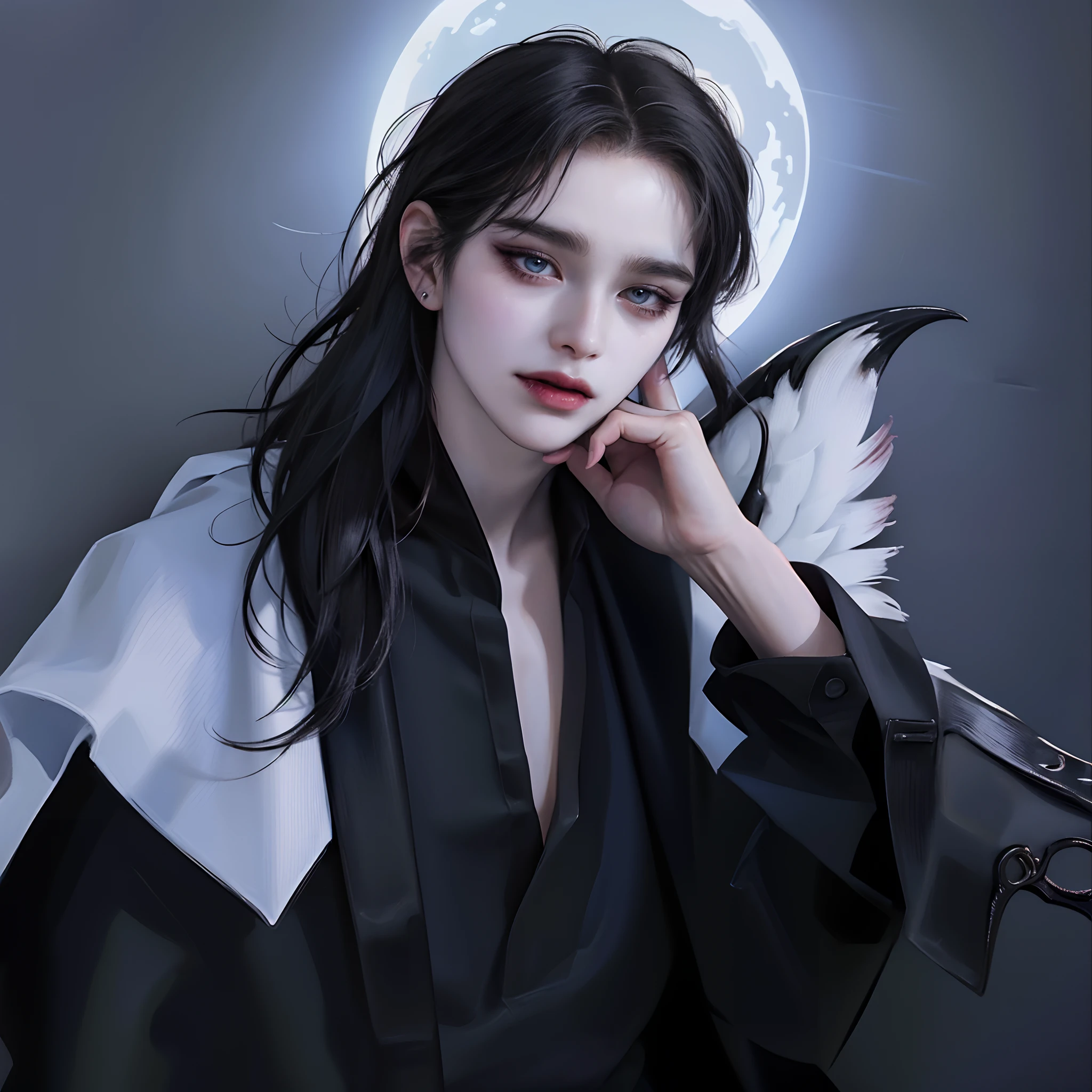 ((4K works))、​masterpiece、（top-quality)、((high-level image quality))、((one beautiful women))、Slim body、((Black Y Shirt Fashion))、(Detailed beautiful eyes)、Crow on black horror background、((Face similar to Chaewon in Ruseraphim))、((shoulder-length hair))、((bright silver hair))、((Smaller face))、((Neutral face))、((Light blue eyes))、((Korean Women))、((18year old))、((Wild Lady))、((Wild look))、((Show sharp fangs and laugh))、((Korean makeup with black eyeshadow))、((elongated and sharp eyes))、((Shot alone))、((Fallen Angel Vampire))、((Fallen Angel Woman))、Photos of fallen angels、Villain、((amazing photo))、Horror Pictures、((There is a crow on the right shoulder))、Dark Proof、((Shot diagonally from the side))、((Icon Photo))