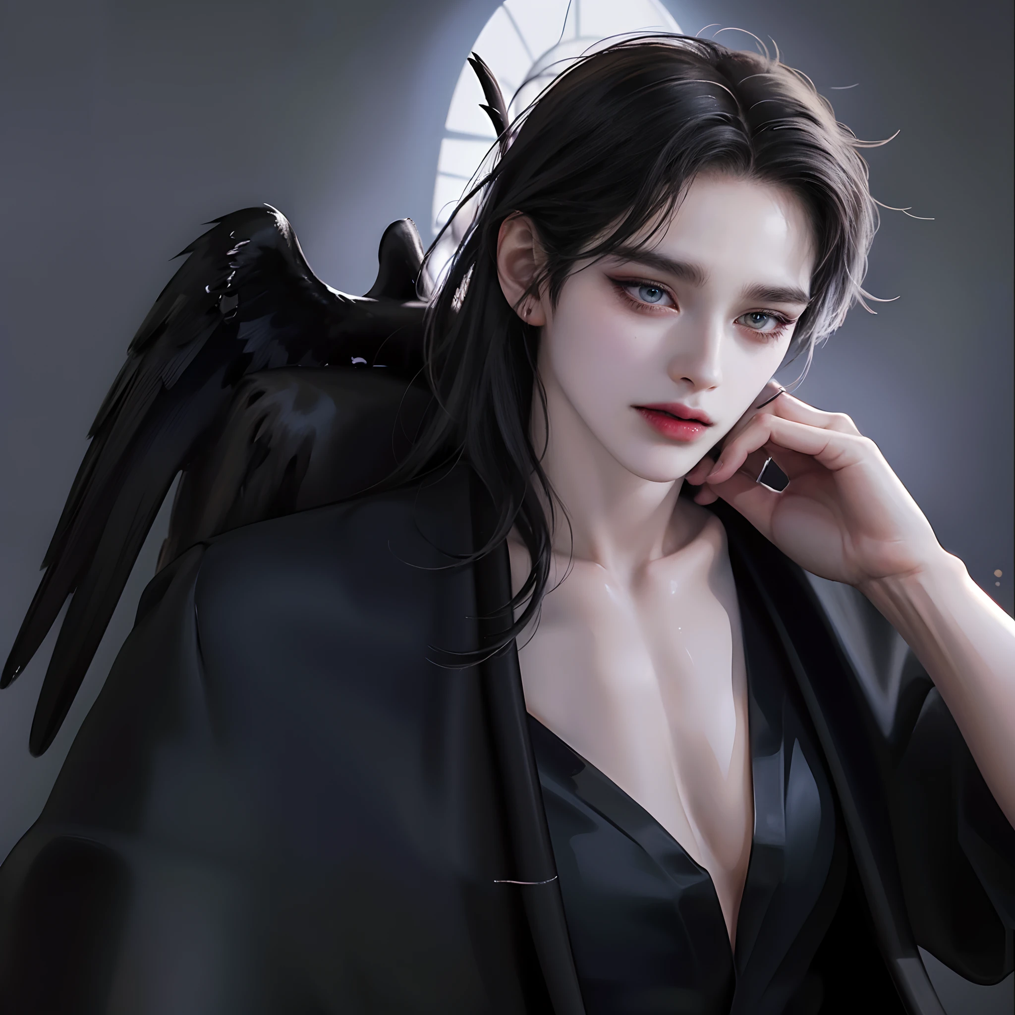 ((4K works))、masterpiece、(top-quality)、((high-level image quality))、((one beautiful women))、Slim body、((Black Y Shirt Fashion))、(Detailed beautiful eyes)、Crow on black horror background、((Face similar to Chaewon in Ruseraphim))、((shoulder-length hair))、((bright silver hair))、((Smaller face))、((Neutral face))、((Light blue eyes))、((Korean Women))、((18year old))、((Wild Lady))、((Wild look))、((Show sharp fangs and laugh))、((Korean makeup with black eyeshadow))、((elongated and sharp eyes))、((Shot alone))、((Fallen Angel Vampire))、((Fallen Angel Woman))、Photos of fallen angels、Villain、((amazing photo))、Horror Pictures、((There is a crow on the right shoulder))、Dark Proof、((Shot diagonally from the side))、((Icon Photo))