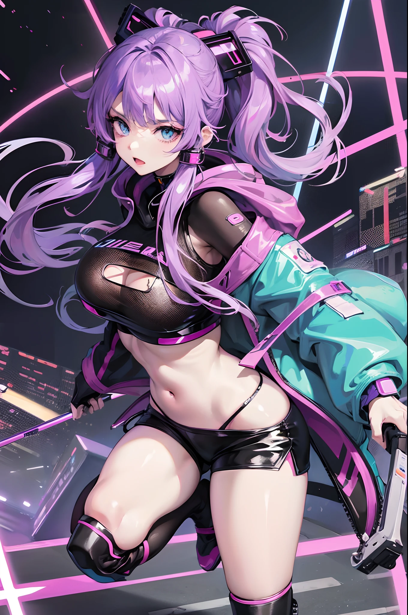 anime girl with purple hair and blue eyes standing in the middle of a city, underboob, trending on pixiv, graffiti, cyberpunk anime girl, female cyberpunk anime girl, seductive anime girl, digital cyberpunk anime art, cyberpunk anime girl in hoodie, anime cyberpunk art, cyberpunk anime art, digital cyberpunk - anime art, oppai cyberpunk