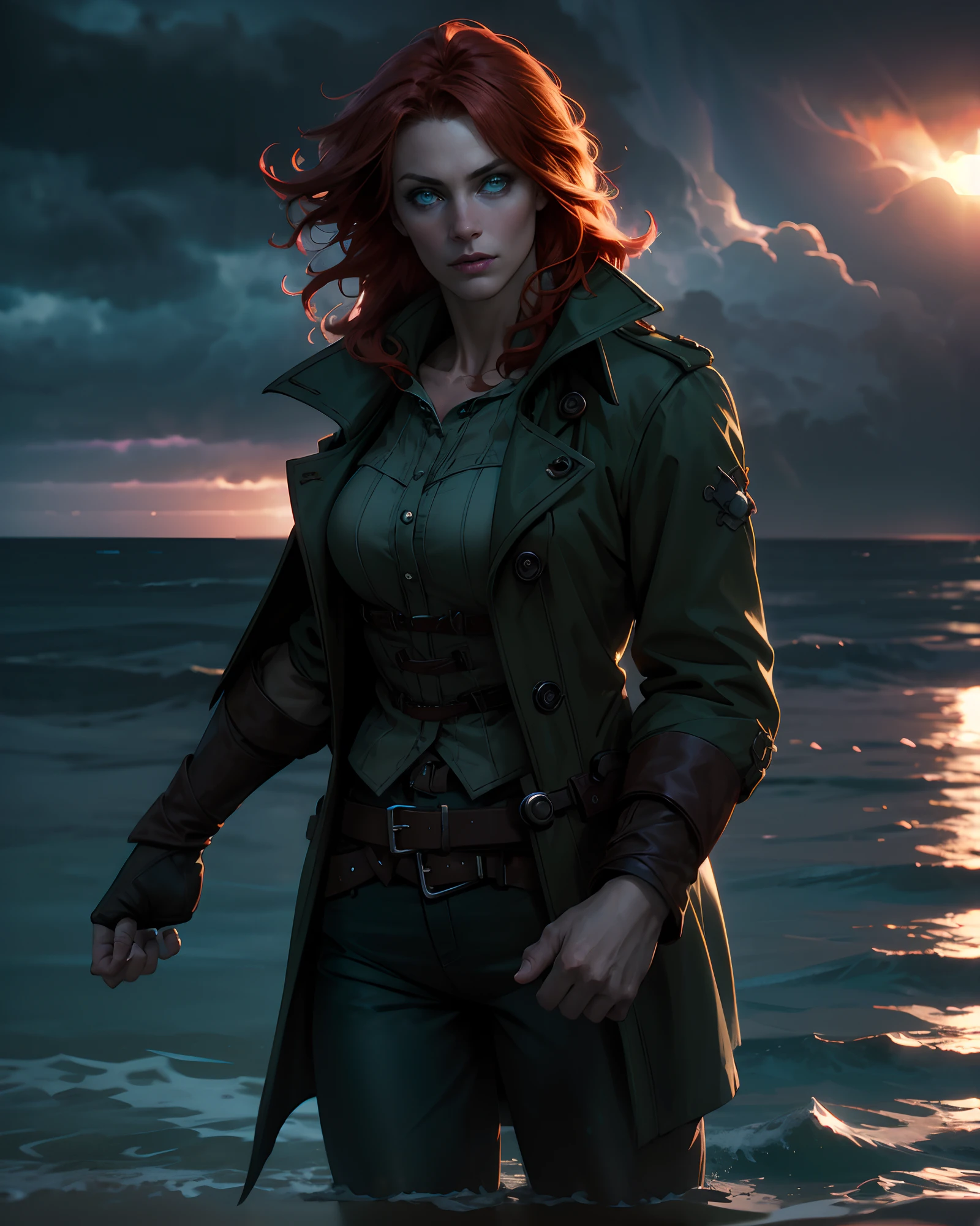 1girl, cowboy shot of redhead pirate, long green coat, eye focus, sea, storm, dark atmosphere, sunset, volumetric lighting, best quality, masterpiece, chromatic aberration, realistic, blurry background