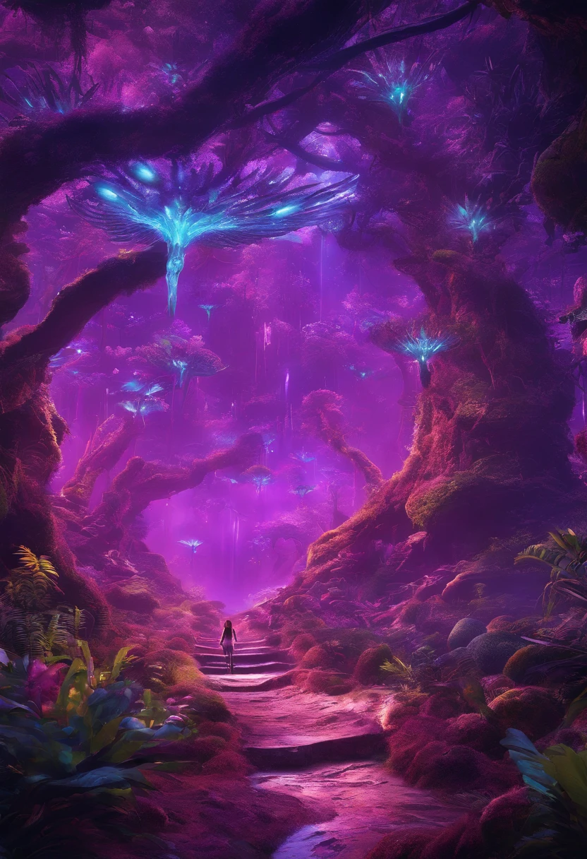 (2 lovely Na'vi kids, Tucker and Keeley, Have fun in the forests of the planet Pandora) (Tucker and Keeley: 1.5), (The tree of the soul of the Na'vi: 1.0), Na'vi premises. (Majestic, Tall buildings), Spotted creek beast，（cinematic ligh《Avatar》《Alpine spotted creek beast》Fictional creatures ） lush alien landscape,glowing purple, Inside the alien jungle, rich diverse lush alien world, bioluminescent cyber - garden, alien forest in background, avatar landscape, Alien Paradise, concept art magical highlight, concept art stunning atmosphere, Strange alien forest lepidoptera,Na'vi:Toruk,scientific name:Gavilandora Maxima，Enigmatic Atmosphere, exotic plants, Majestic, magical concept art,