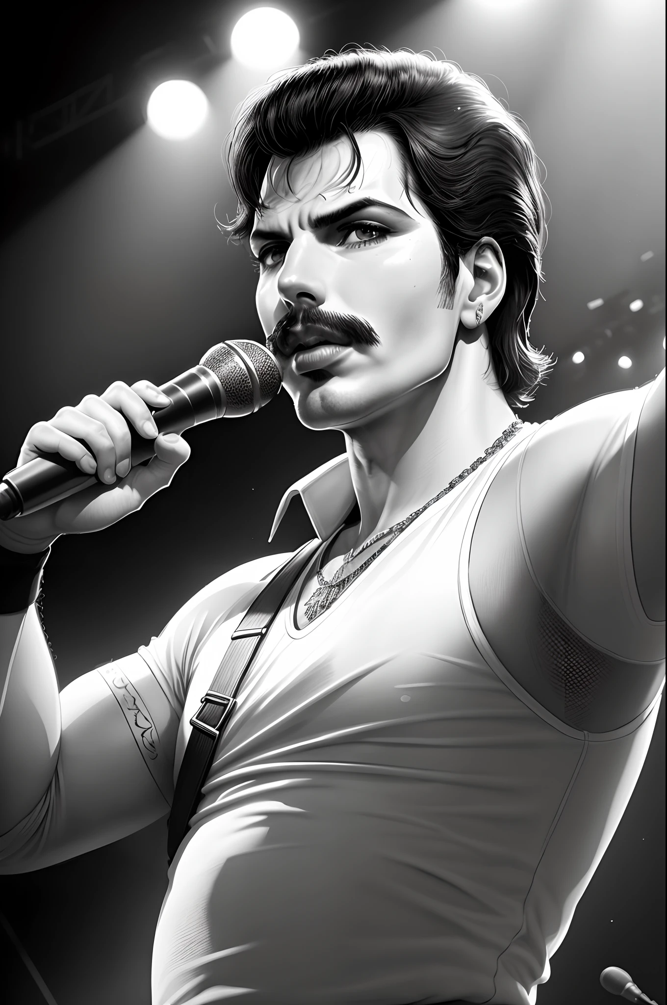 Inkdrawing portrait of Freddie Mercury performing on stage, by Kr355e