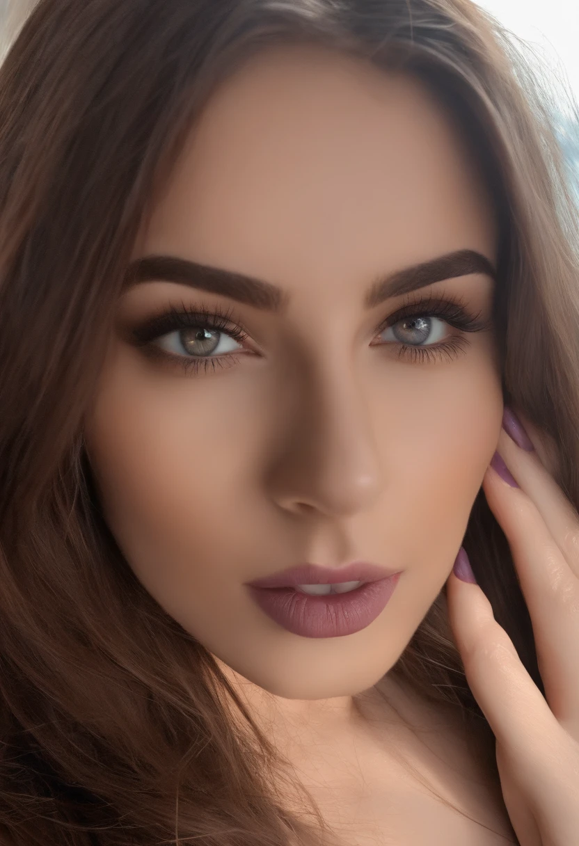 Femme metisse , fille sexy aux yeux bruns, ultra realist, Meticulously detailed, Portrait Sophie Mudd, cheveux bruns et grands yeux, selfie of a young woman, Dubai Eyes, Violet Myers, sans maquillage, maquillage naturel, looking straight at camera, Visage avec Artgram, Maquillage subtil, Great photo of the whole body kneeling on the bed, dans la chambre, Medium to large bust, nue, , seins