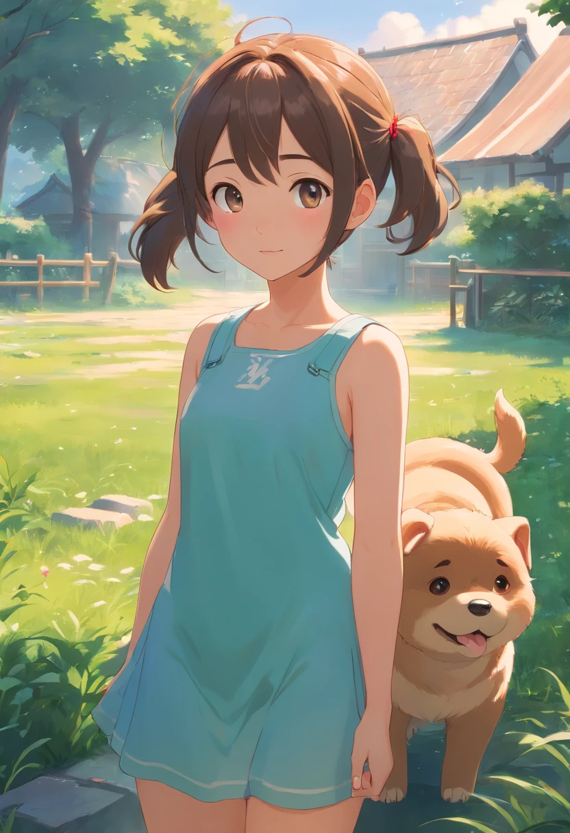 movie picture quality，Disney animation，style of disney animation，Disney movie animation，3D movies，China-style， girl with short pigtails resting in the yard of the field holding a huge fat dog，depth of fields，high light，Real light，Ray traching，oc rendered，Hyper-realistic，best qualtiy，8K，Works of masters，super-fine，Detailed pubic hair，Correct anatomy，sharp focus on eyes，Bokeh，Facial features are carefully depicted