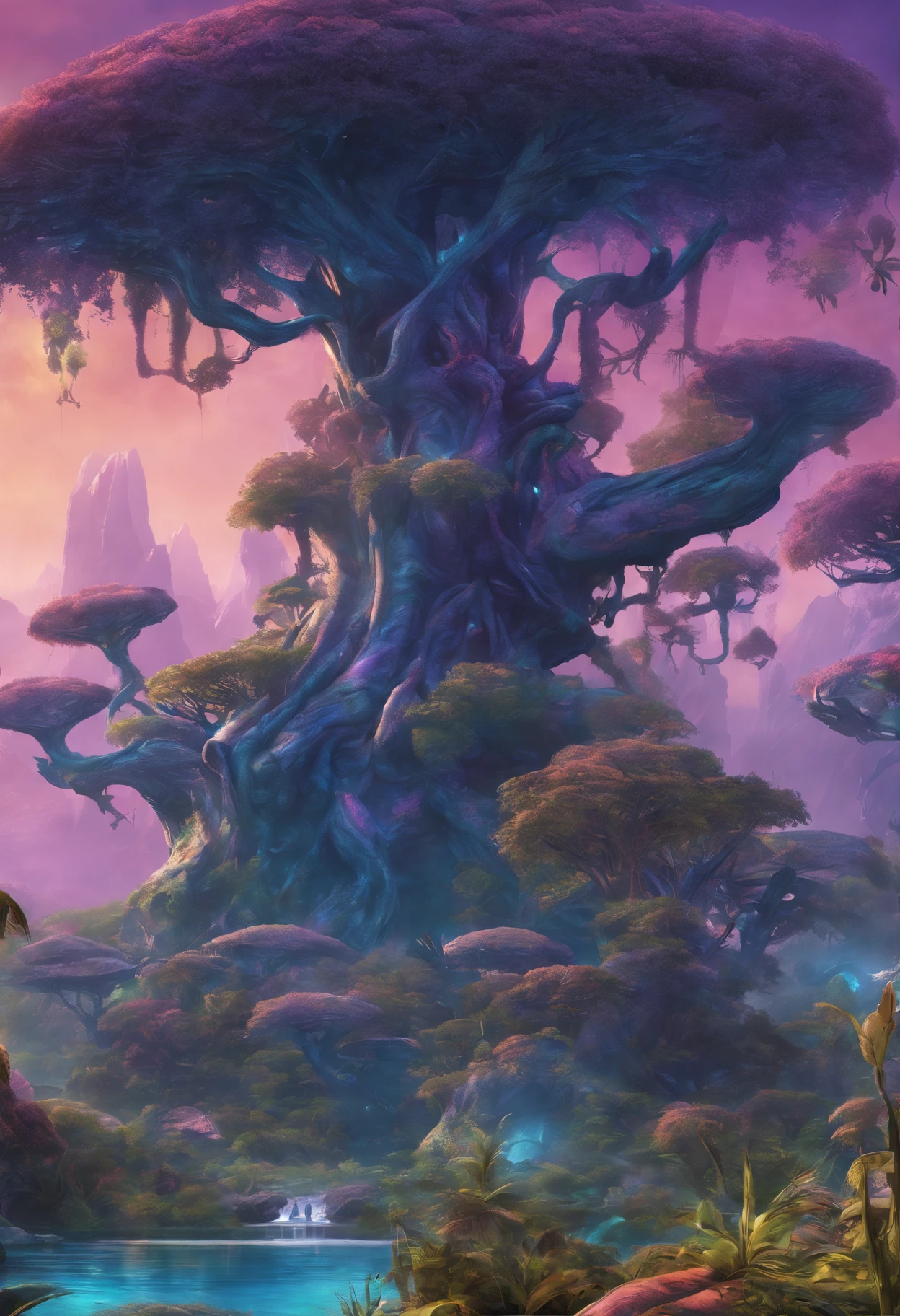(2 lovely Na'vi kids, Tucker and Keeley, Have fun in the forests of the planet Pandora) (Tucker and Keeley: 1.5), (The tree of the soul of the Na'vi: 1.0), Na'vi premises. (Majestic, Tall buildings), Spotted creek beast,(cinematic ligh《Avatar》The fictional creature in the Alpine Spotted Creek Beast) lush alien landscape,glowing purple, Inside the alien jungle, rich diverse lush alien world, bioluminescent cyber - garden, alien forest in background, avatar landscape, Alien Paradise, concept art magical highlight, concept art stunning atmosphere, Strange alien forest lepidoptera,Na'vi:Toruk,scientific name:Gavilandora Maxima,Enigmatic Atmosphere, exotic plants, Majestic, magical concept art,