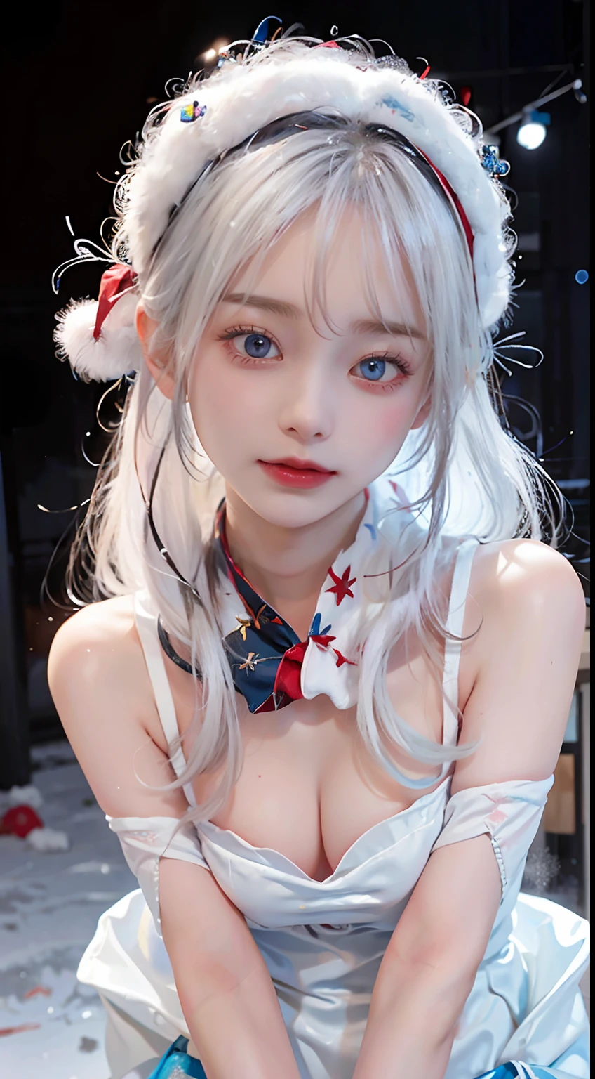 With white hair and blue eyes、The transcendent beautiful girl who hid her skin、Quietly shining in winter Christmas landscape。She deserves a special Christmas day、Wearing a red cloakroom。This cloakroom gently wraps around her body.、Provides warmth。Wearing a red bonnet on his head、A white scarf protects her from the cold。Her fashion is modest and graceful and、Brings silence and beauty on Christmas night。Snow piled up behind、Christmas tree shines、Her presence makes you feel the magic of winter。