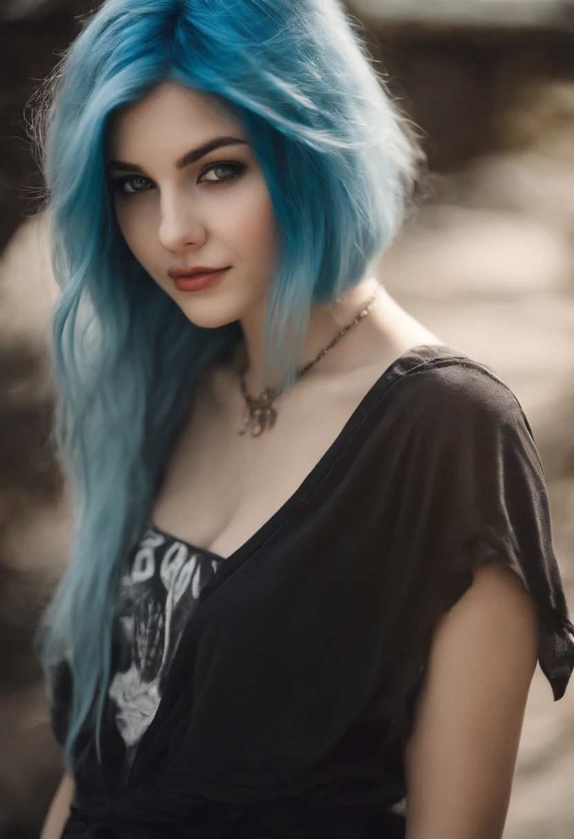 1 girl, 18 years old, with blue hair dyed with bleach.