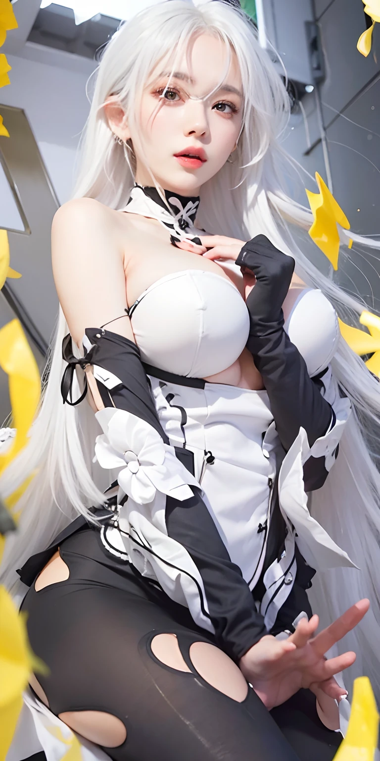 1girl, big , white hair, long hair, white and black clothes,ultra detailed