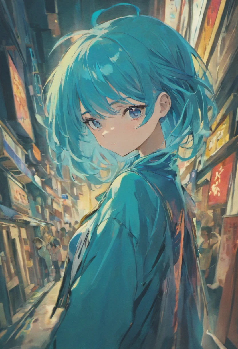 1 girl, 18 years old, with blue hair dyed with bleach.
