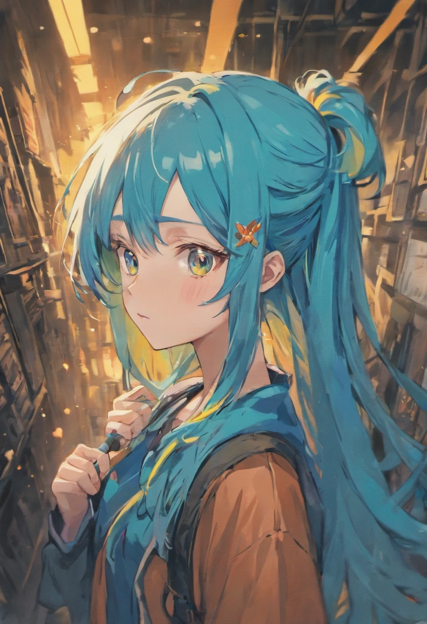 1 girl, 18 years old, with blue hair dyed with bleach.