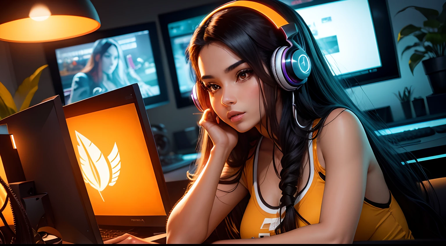 Long black hair Latina woman on computer in gaming room with headphones on plants in background warm nano orange yellow lighting