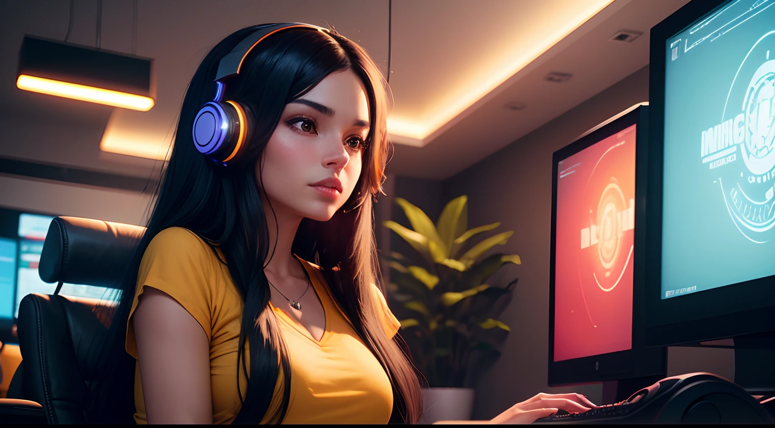 Long black hair Latina woman on computer in gaming room with headphones on plants in background warm nano orange yellow lighting