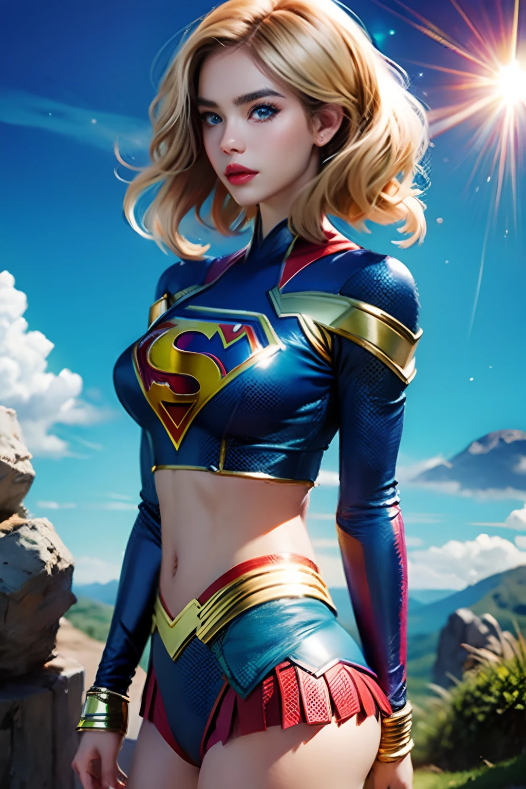 Kiernan shipka, cabelos loiros, supergirl sexy voando pelo ar com uma capa vermelha, crop top azul de latex com S de superman no peito, saia curta azul, Supergirl, loira, olhos azuis, red-lips, saia curta, saia plissada curta, pernas bonitas, pernas a mostra, Supergirl exibindo as pernas em saia curta, abdome exposto, umbigo exposto, estilo frank Cho, Estilo de Arte Supergirl, nuvens brancas, Cêu Azul, Blue sky with white clouds, dia ensolarado, dia de sol, leg show, pernas nuas expostas, bunda exposta, totalmente perfeito