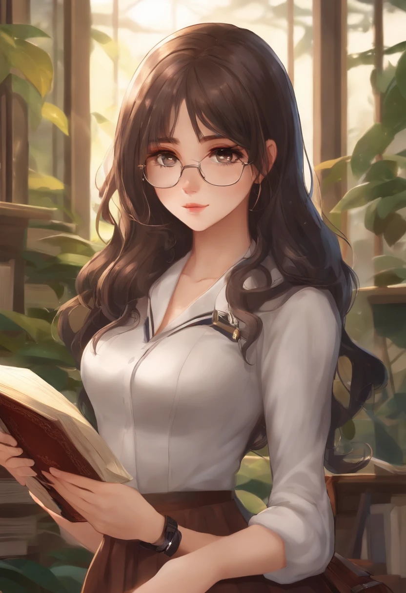 Anime brunette schoolgirl, white backgrounid，looking at book，lendo livros，Read