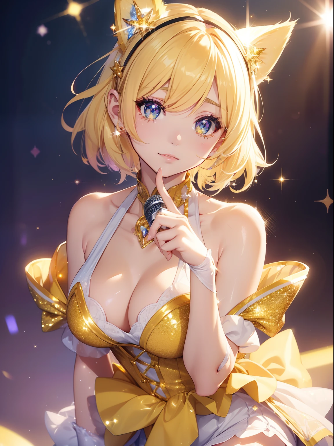 masutepiece, High resolution, 8K, anime woman, Delicate and detailed writing 、Detailed digital illustration、Short hair、perm、Shiny hair、Bangs、a very beautiful woman、Eyes are double, Large, Bust is D cup、High image quality, High quality、Detailed background、(((Wearing idol clothes)))、((Glittering live stage backdrop))、The inside of the eye shines like a diamond、Light yellow hair、Gradient pupil、(((2 arms、4 fingers, 1 thumb)))、Detailed female face、Very beautiful and cute woman、、细致背景、​masterpiece、Soft Focus , Bright gradient watercolor , Lens Flare , (((Glitter))) , Glow , Dreamy , (((Holding a glitter microphone in your hand)))、a miniskirt、Idol、Yellow Ribbon、Very beautiful yellow rose hair accessories、Yellow and gold costume with white as the main color、(((Extremely close-up of [AAA]))、Glitter Cat Ear Headband、Eyes with blue gradient glow