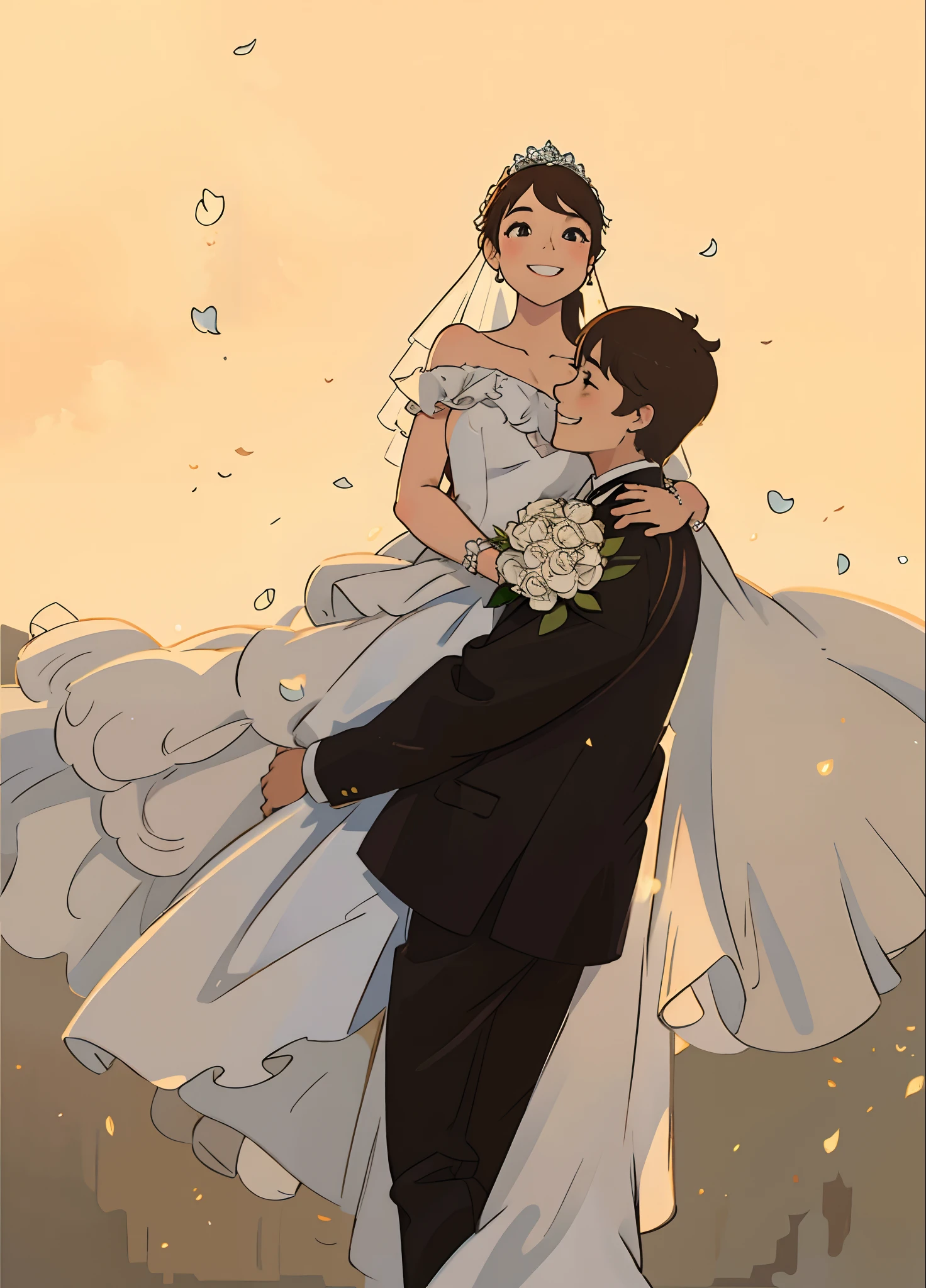 masterpiece, best quality, ultra-detailed,Wedding dress,couple,wedding photos,illustration,beautiful detailed eyes, beautiful and delicate face,smile,