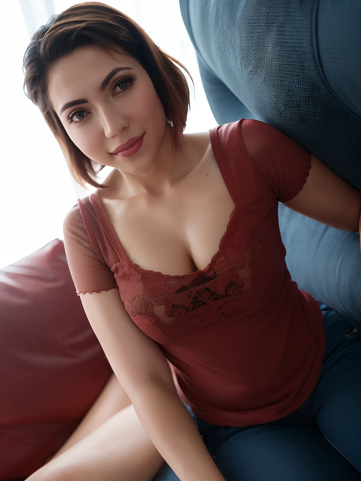 there is a woman in a red shirt sitting on a bed, ela tem cerca de 35 anos, extremamente quente e sexy, vestido com uma camiseta laranja-vermelha, calcinha branca decotada, posando em um quarto, 8k