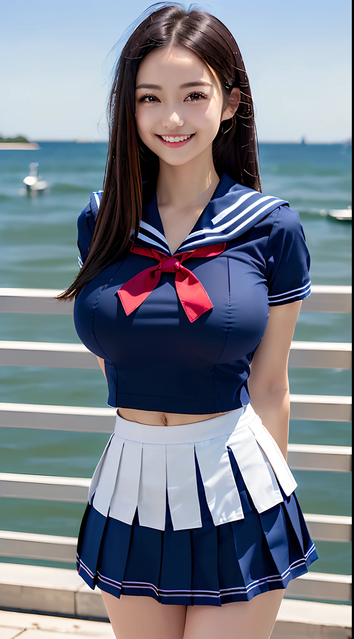 (8K, 超A high resolution, Best Quality, masutepiece:1.1),(18year old:1.1)、(Look away)、8K、RAW portrait of japanese girl、Photorealsitic、超A high resolution、top-quality、 (quite massive chest、Pretty big breasts、Toned and slender body:1.15)(a sailor suit、Navy Pleated Mini Skirt:1.25) (hi-school girl、quite massive chest、Pretty big breasts、Hide all breasts、Black hair straight hair、 Super cute、Cute smile、Mini skirt sailor suit:1.5)Walk along the path by the sea