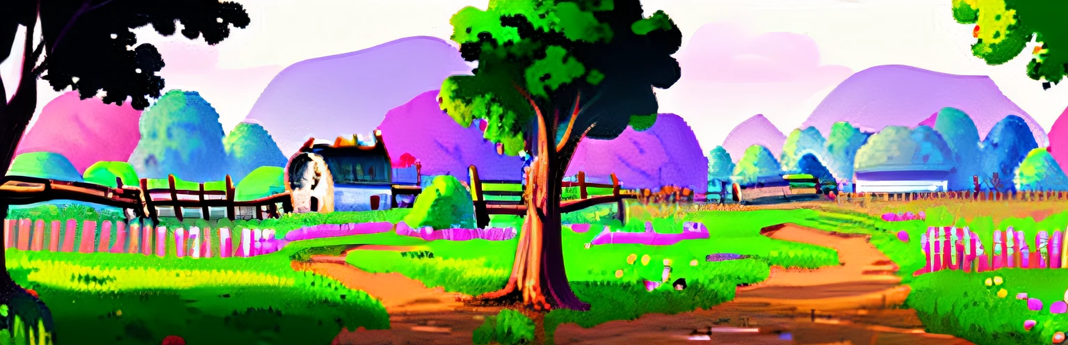 Cartoon illustration of farmland with pond and horses, Mobile game background, 2d game background, 2 D game art background, videogame background, farm background, background artwork, Game illustration, Mobile game art, game background, arte de fundo, 2d game environment design, farm field background, distant village background, 2d game asset, 2 d game art