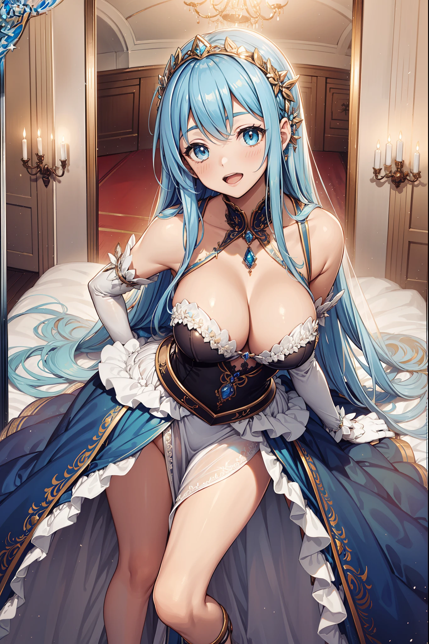 saints，divino，having fun，salvador，(Blue and white Victorian court dress)，silver-white long hair，eBlue eyes，(Headdress of the saint)，(Sacred motifs)，Maximalism，Ruffles，Lace，Multi-colored cloth，Delicate embroidery，Delicate pattern，(exquisite costumes)，Long gloves，see-through transparent clothes，Bedrooms，glittery，Shine，the night，solo person，Fluttering skirt，Beautiful detailed face