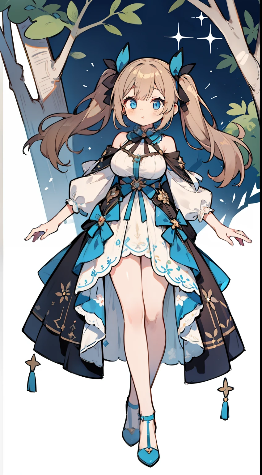 1girl in, fullllbody, Character Design, light brown thin twin tails,,,,, With ribbon, florals, Blue eyes, white sexy dress, large full breasts, High quality, Wide Shot, Detailed background of Magic Cafe