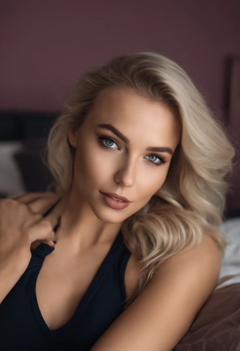woman with matching tank top and panties, Sexy girl with blue eyes, portrait sophie mudd, portrait corinna kopf, blonde hair and large eyes, Selfie einer jungen Frau, Augen im Schlafzimmer, Violet Myers, ohne Make-up, Natural makeup, Blick direkt in die Kamera, Gesicht mit Artgram, dezentes Make-up, Stunning full body shot, im Schlafzimmer, Spaltung