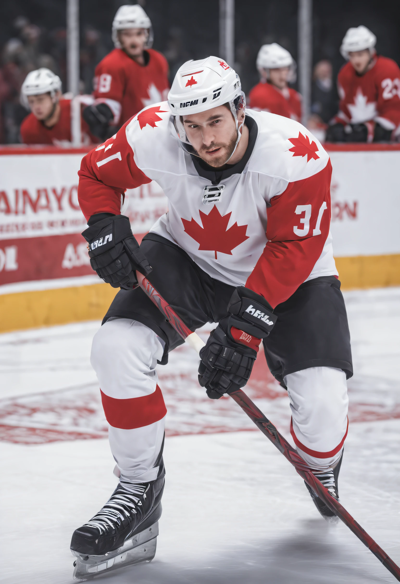 Canadian ice hockey players、Maple mark in the center of the uniform、White uniform with red maple mark、Ice Hockey Games、Assault scene、Denamic Pose, Dynamic Angle, 1man, Solo,