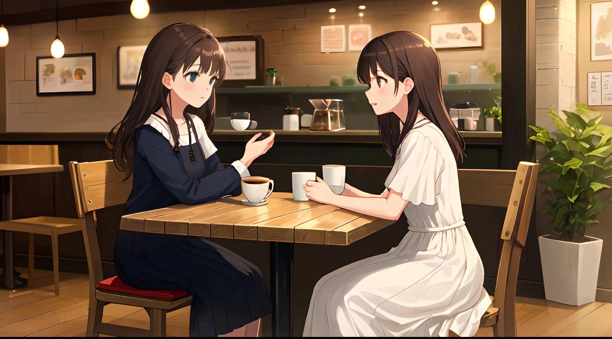 a woman is sitting in the coffee shop table to talk with a young girl. the woman is wearing white dresses, the young girl is listening to the woman. niji6