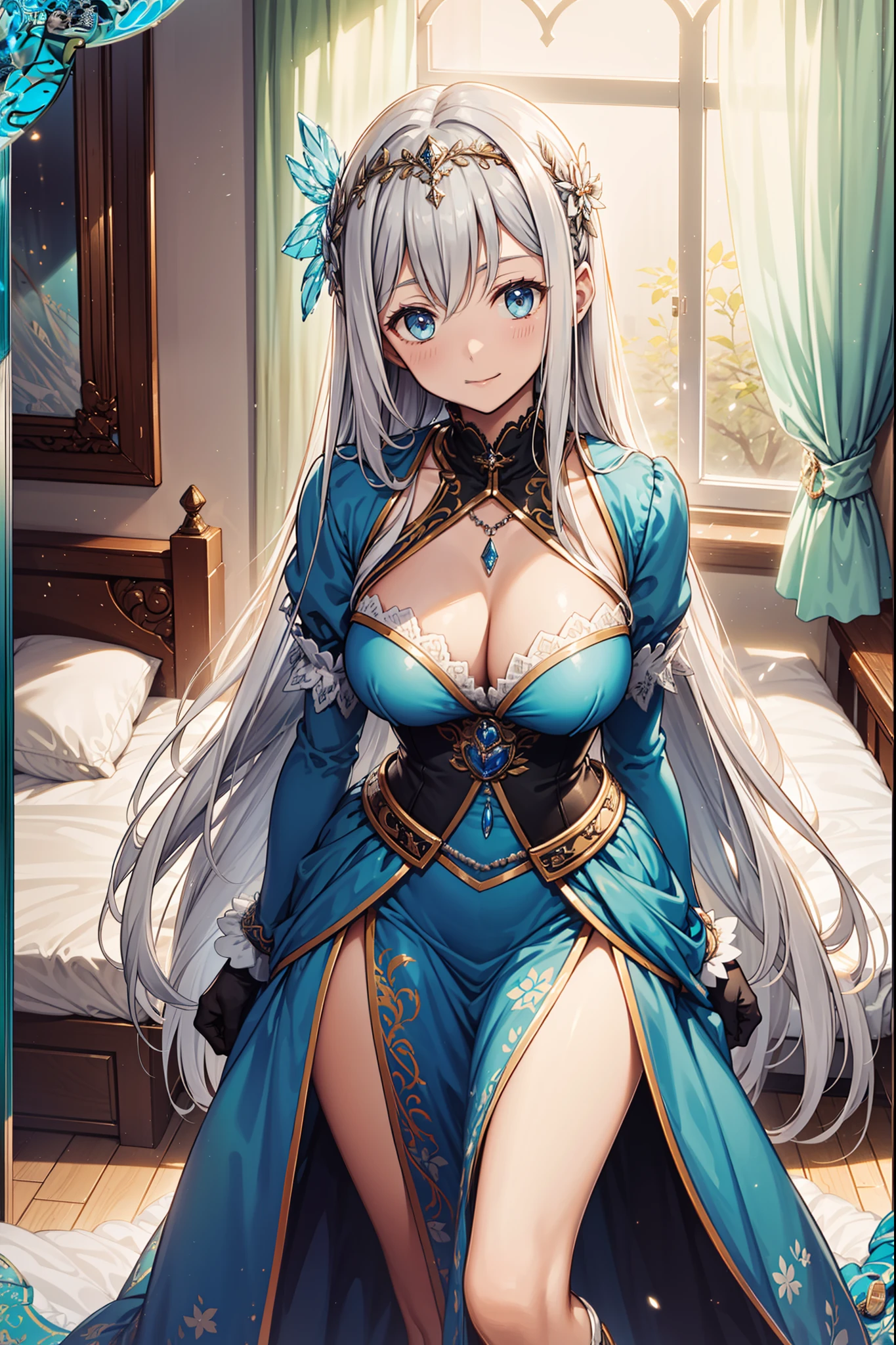 saints,divino,having fun,salvador,(Blue and white Victorian court dress),Long silver-gray hair,eBlue eyes,(Headdress of the saint),(Sacred motifs),Maximalism,Ruffles,Lace,Multi-colored cloth,Delicate embroidery,Delicate pattern,(exquisite costumes),Long gloves,see-through transparent clothes,Bedrooms,glittery,Shine,the night,solo person,Fluttering skirt,Beautiful detailed face