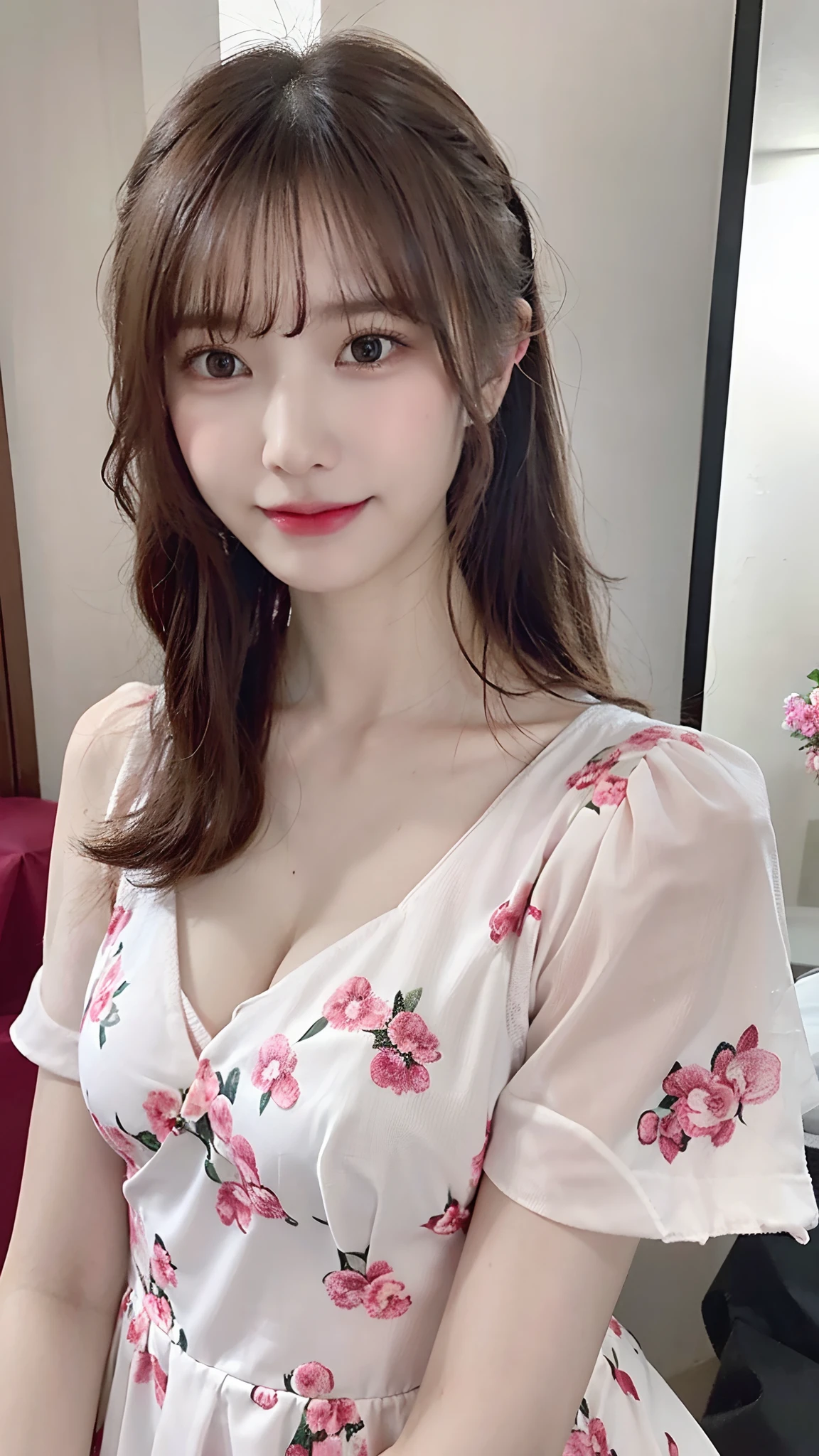 (masterpiece:1.3), (8K, Photorealsitic, Raw photography, Top image quality: 1.4), Japan high school girls、(Random hairstyles:1.2)、(small tits)、Super Detail Face、Eye of Detail、二重まぶた、foco nítido:1.2、prety woman:1.4、light brown hair、top-quality、超A high resolution、(Photorealsitic:1.4)、slender、A smile、(eye line:0.6)、walking on the avenue、鎖骨、A detailed face、tight fitted、girly dress random、((Clothes are floral))、cleavage of the breast、