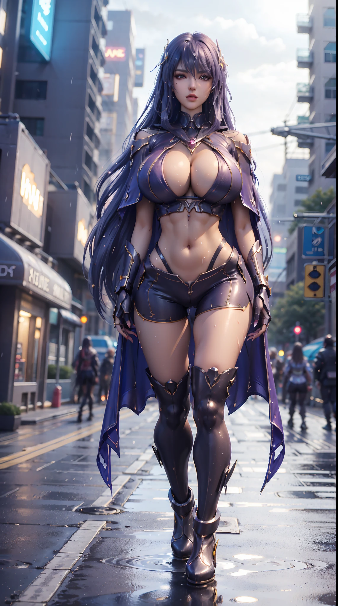 1GIRL, SOLO, COQUETTE, (BLUE LONG HAIR, HAIR ORNAMENT, NECKLACE), (WET HUGE FAKE BOOBS:1.3), (STREET CITY BACKGROUND), (FUTURISTIC PHOENIX MECHA CROP TOP, ROYAL CAPE, CLEAVAGE:1.2), (SKINTIGHT YOGA HOTPANTS, HIGH HEELS:1.2), (PERFECT BODY, FULL BODY VIEW:1.5), (LOOKING AT VIEWER), (WALKING:1.2), MUSCLE ABS:1.3, ULTRA HIGHT DEFINITION, 8K, 1080P.