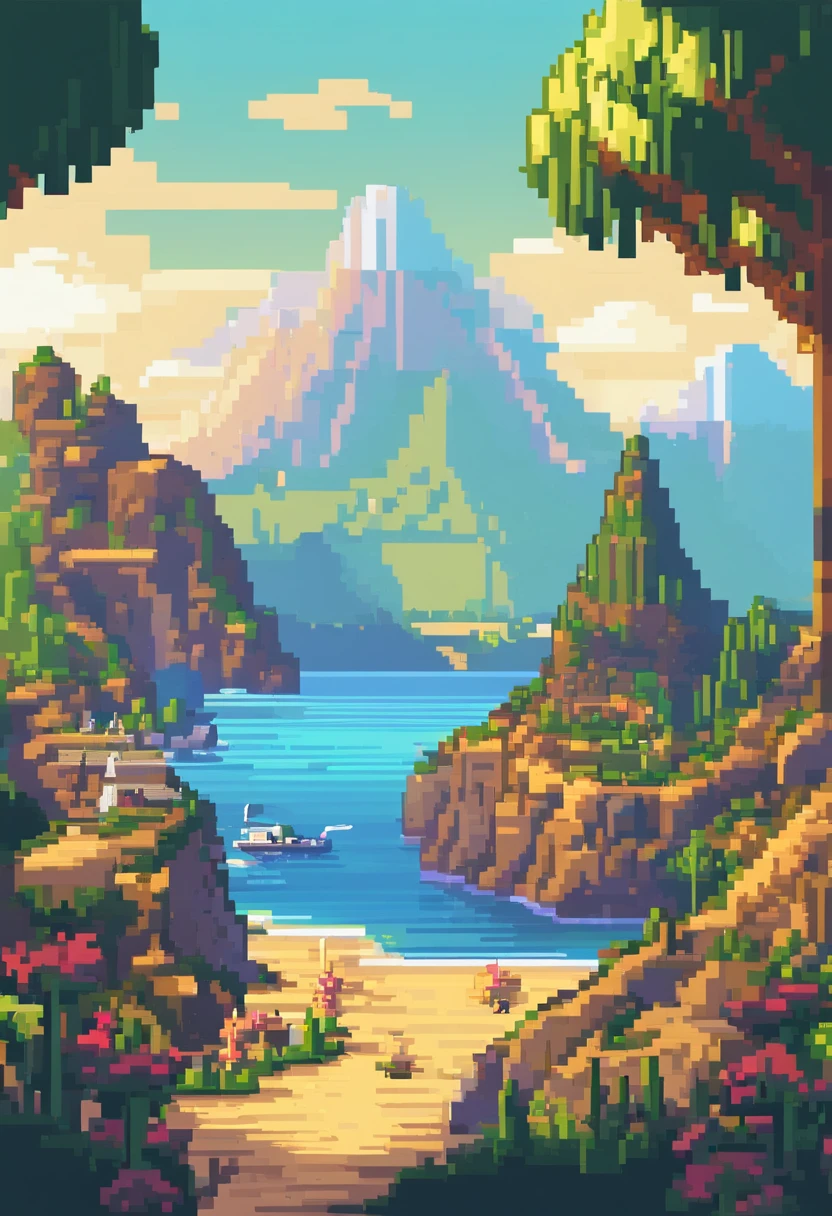 Pixel art tourism destination landscape. Evening. 3D pixel art 4K wallpaper. Incredible pixel art detail. Pixel art. Steam waves. Detailed Unreal Engine pixel art.Huge whales