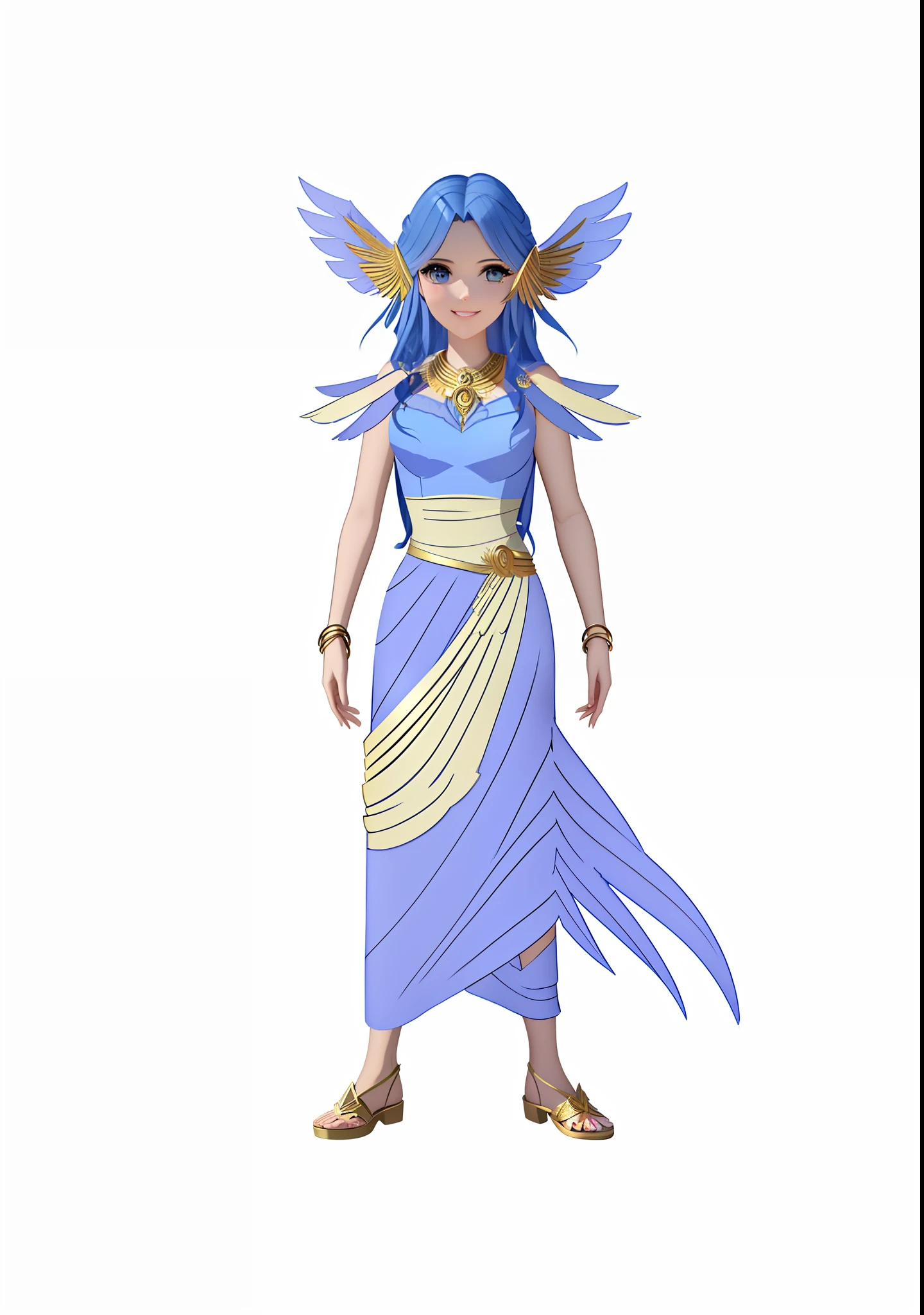 cartoon of a woman dressed in a blue dress with wings, mystical atlantean valkyrie, the greek goddess aphrotite, beautiful young wind spirit, inka harpy girl, valkyrie style character, greek goddess athena, knights of zodiac girl, epic mage girl character, as an atlantean, the goddess artemis smirking, goddess of greek mythology, new costume concept design, 3d cartoon, 3d rendering style, octane render,