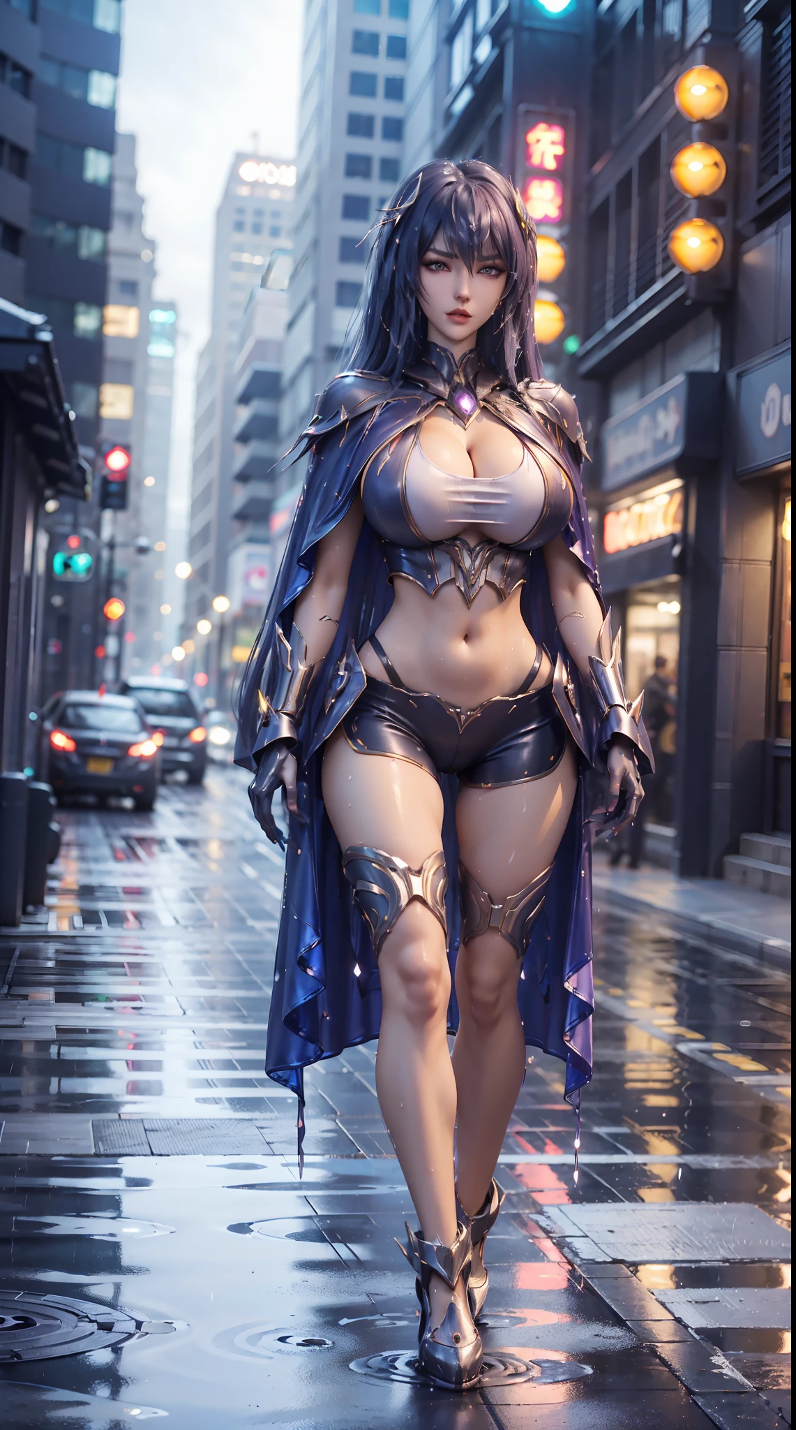 1GIRL, SOLO, COQUETTE, (BLUE LONG HAIR, HAIR ORNAMENT, NECKLACE), (WET HUGE FAKE BOOBS:1.3), (STREET CITY BACKGROUND), (FUTURISTIC PHOENIX MECHA CROP TOP, ROYAL CAPE, CLEAVAGE:1.2), (SKINTIGHT YOGA HOTPANTS, HIGH HEELS:1.2), (PERFECT BODY, FULL BODY VIEW:1.5), (LOOKING AT VIEWER), (WALKING:1.2), MUSCLE ABS:1.3, ULTRA HIGHT DEFINITION, 8K, 1080P.